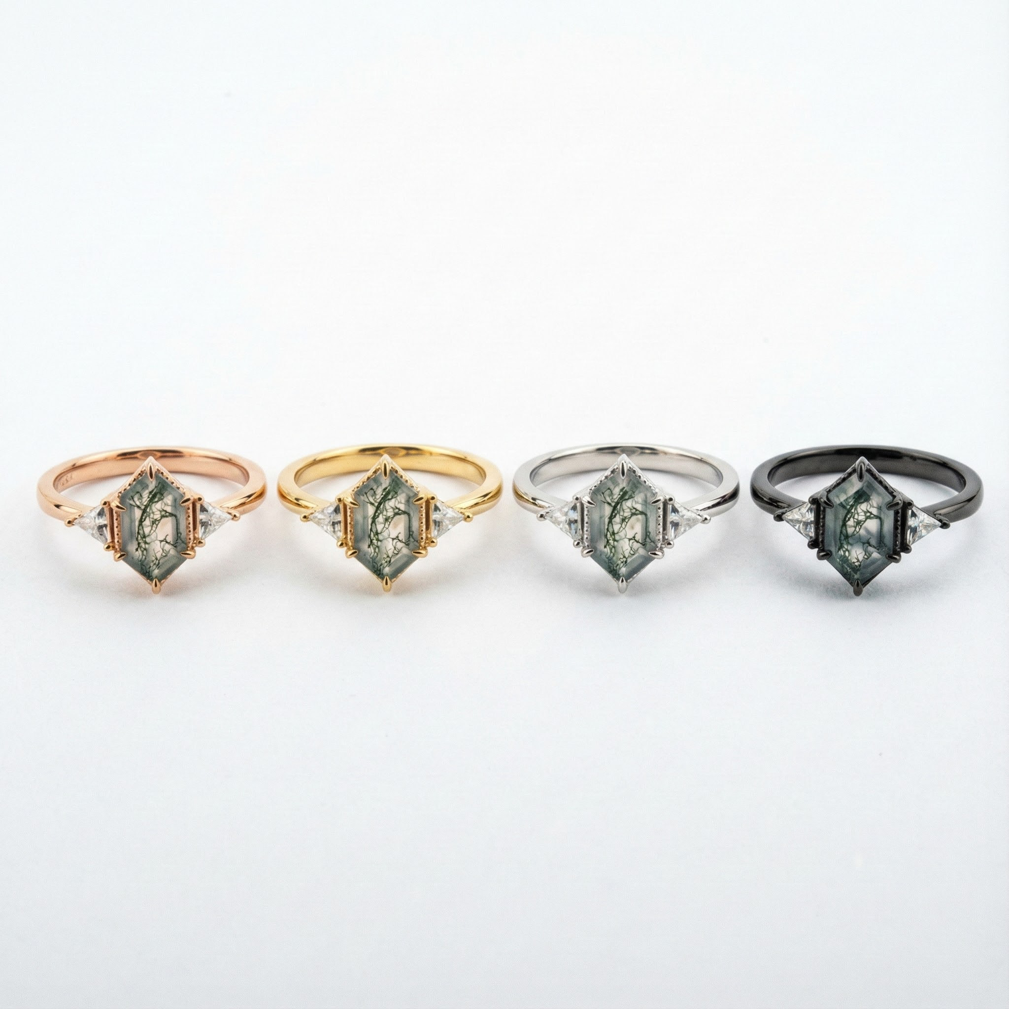 Long Hexagon Moss Agate Three Stone Ring Rose Gold Wedding Agate Engagement Ring