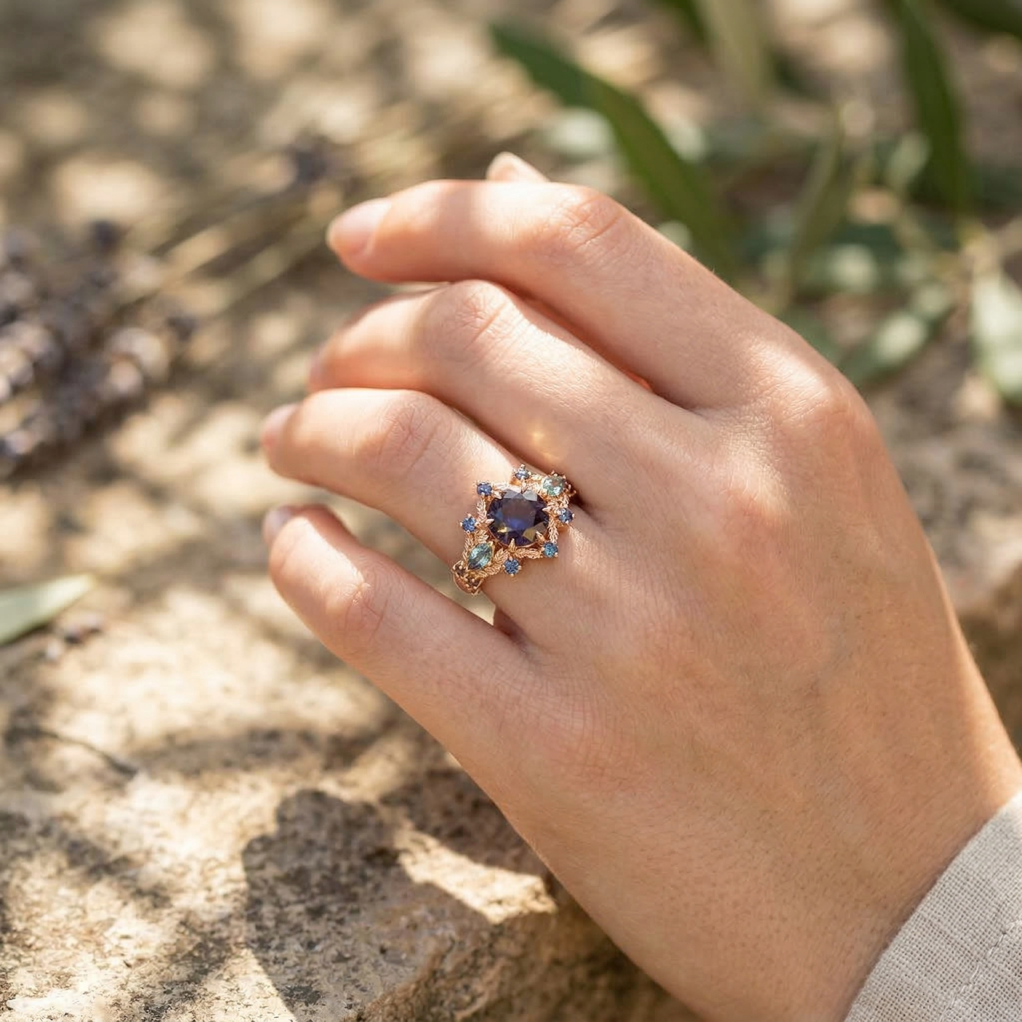 PETALIS - Round Lab Alexandrite Rose Gold Petal Ring Alexandrite Florarl Ring Engagement