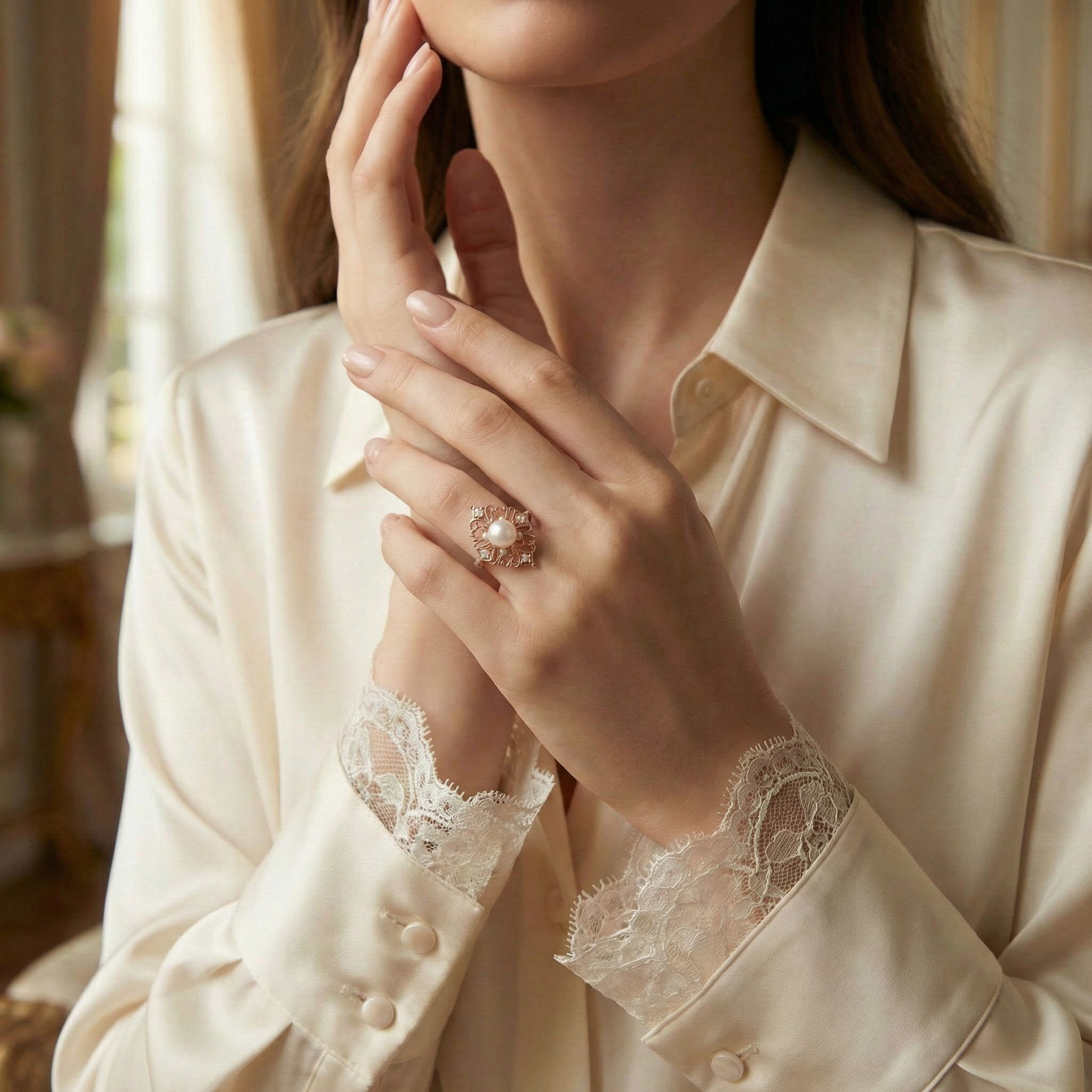 Unique Creative Round Pearl Engagement Ring With Moissanite