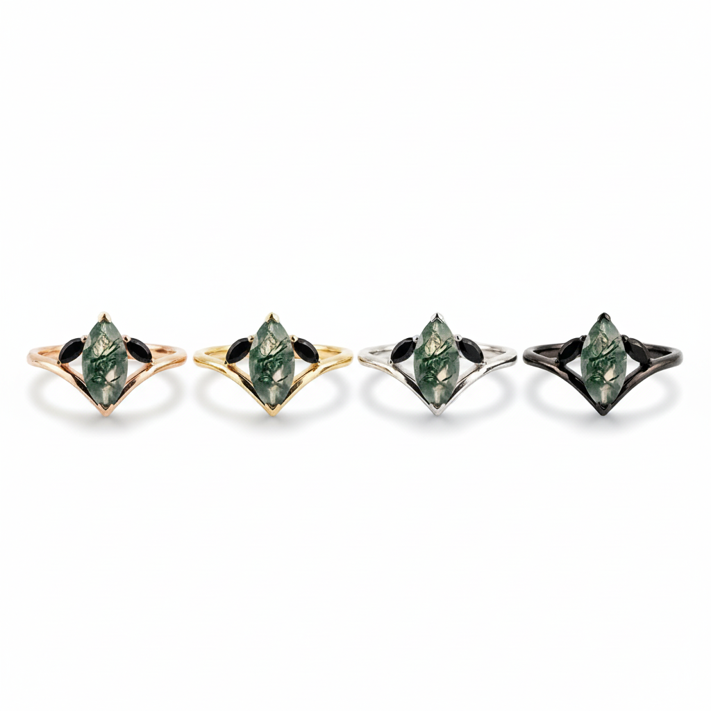 Lifestyle view of Marquise Moss Agate Ring in Rose Gold