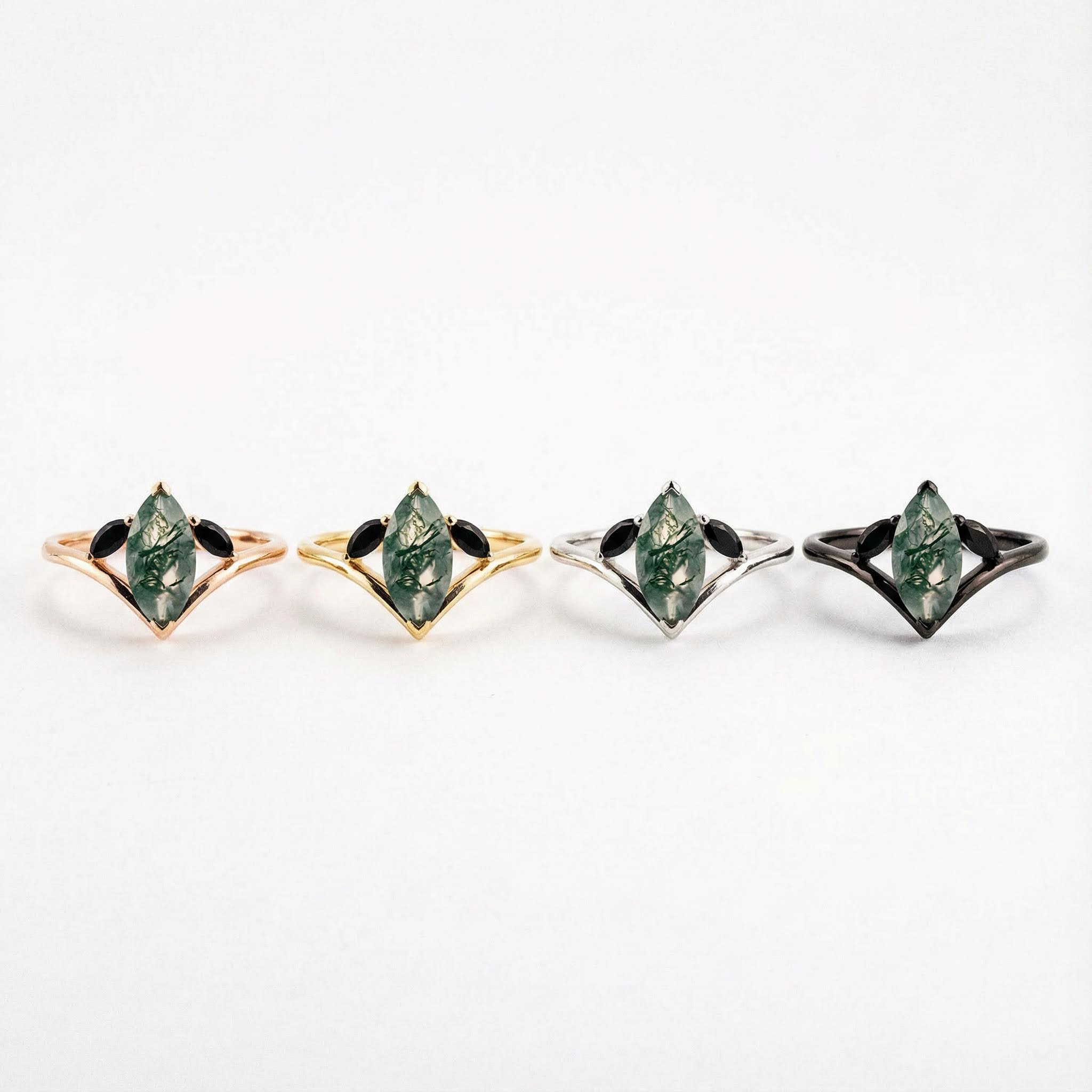 Unique Marquise Cut Moss Agate and Black Onyx Rose Gold Ring Unusual Ring