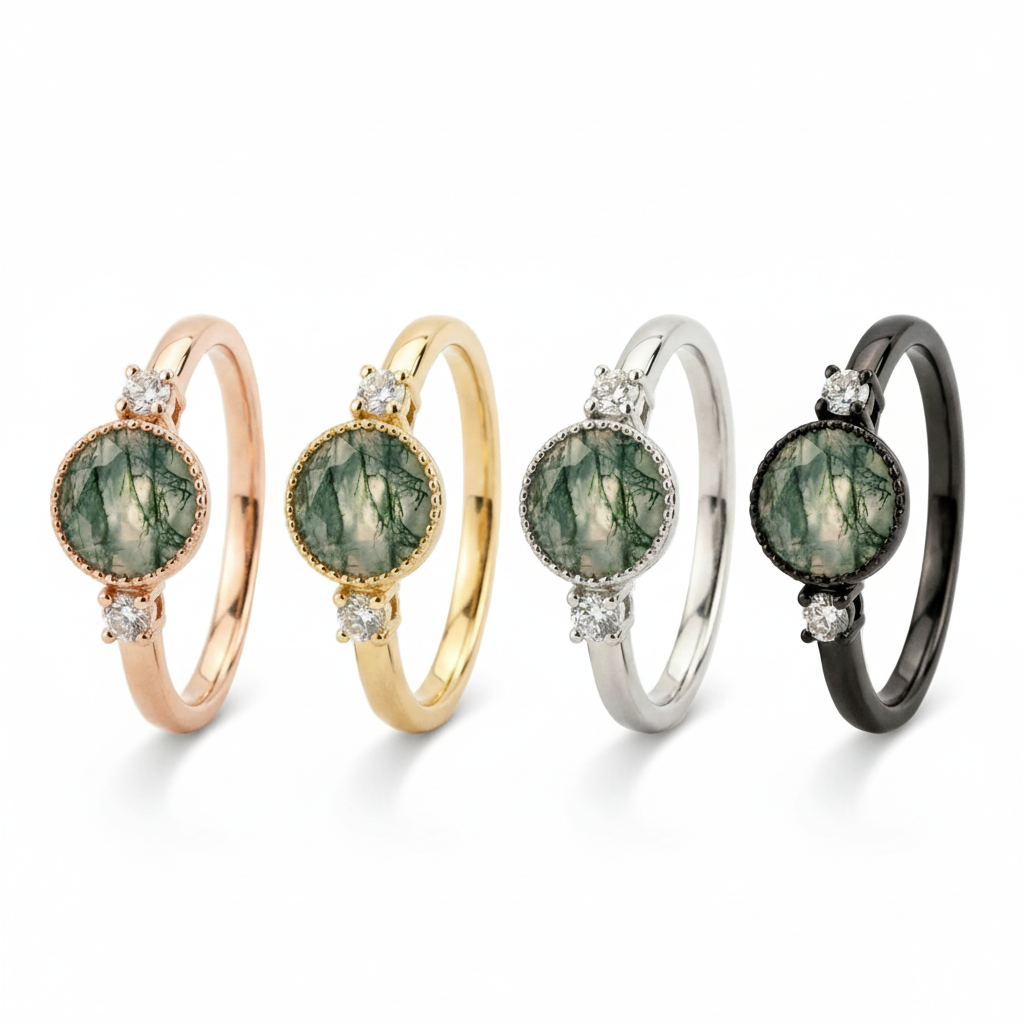 Lifestyle view of Round Moss Agate Engagement Ring in Gold