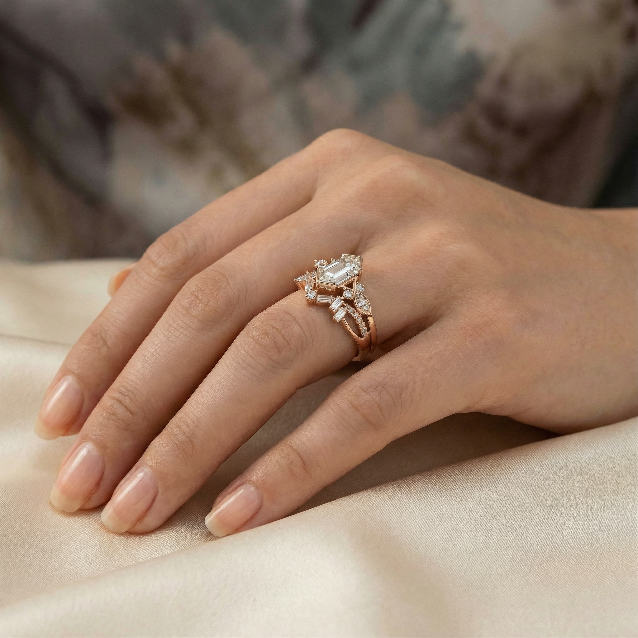 Luxury Long Hexagon Moissanite/Diamond Personalized Wedding Ring Set 