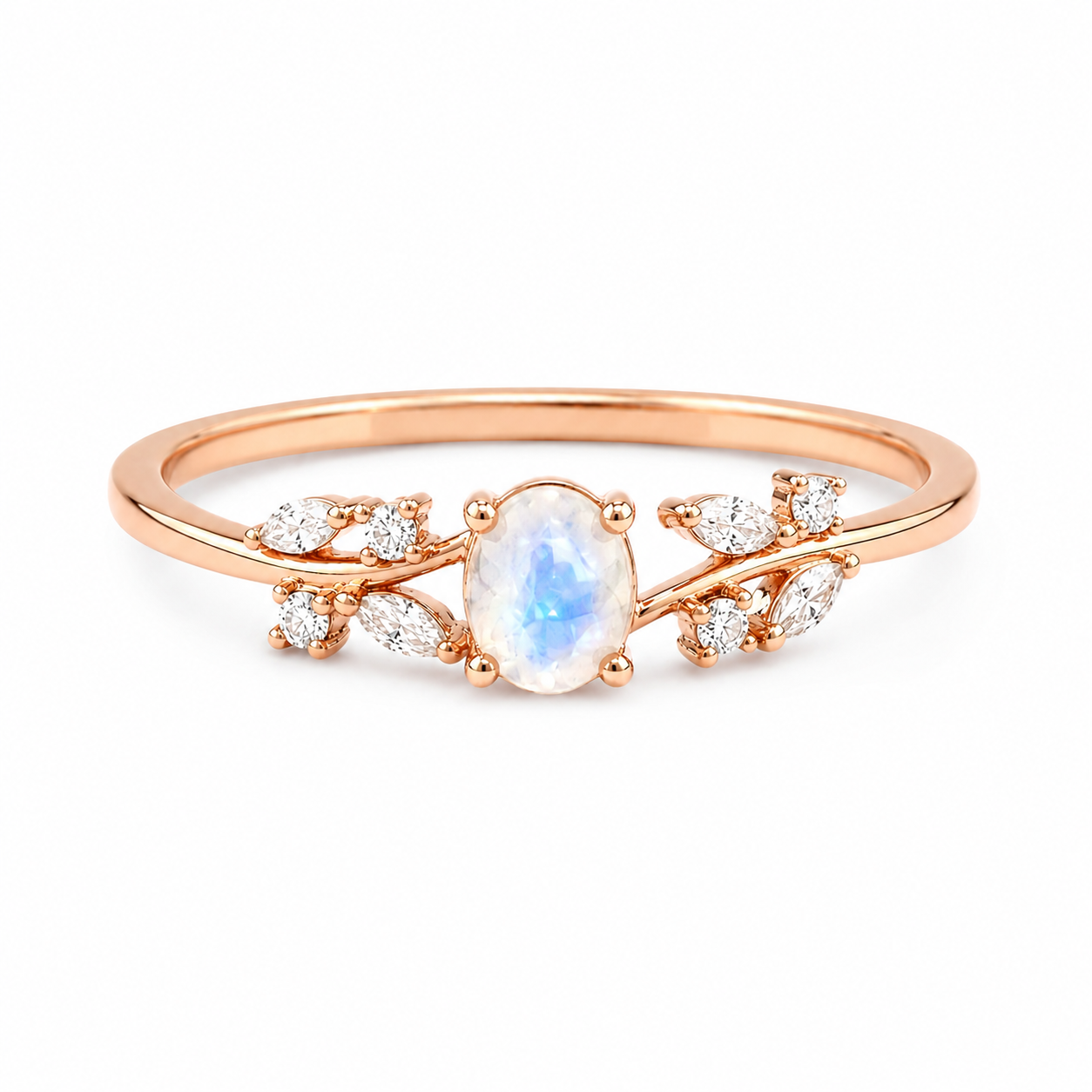 Oval moonstone leaf ring in rose gold with moissanite accents