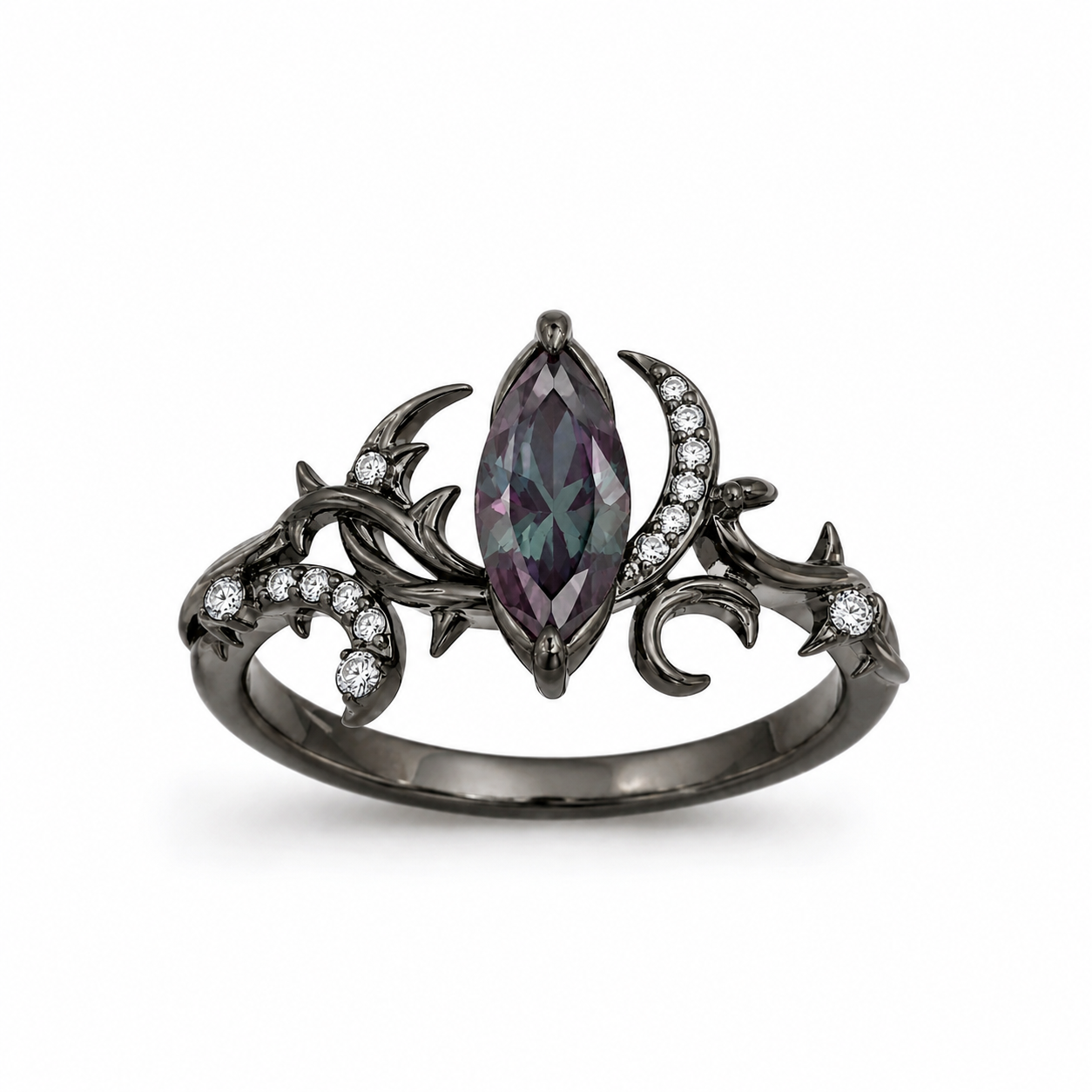 Marquise alexandrite gothic ring in black gold with moissanite accents