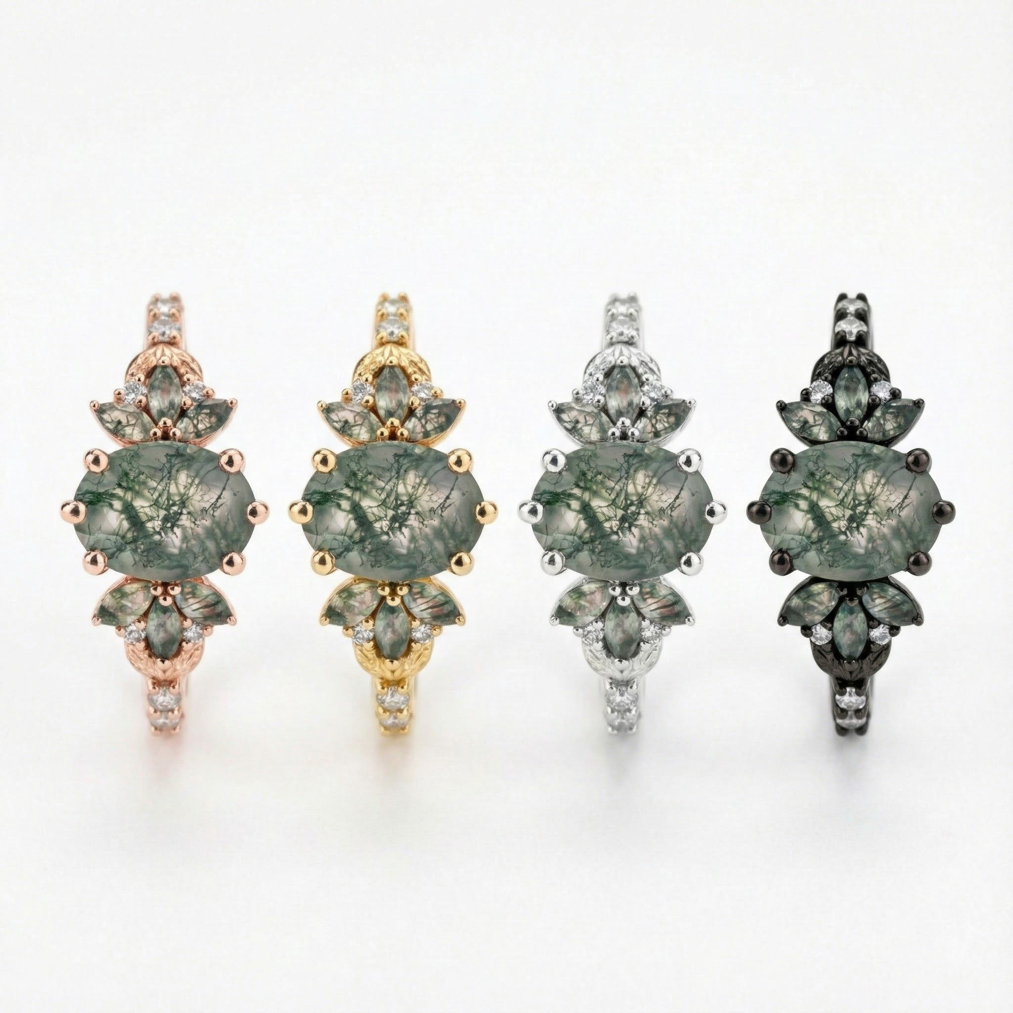 Oval Moss Agate Ring with Moissanite Nature-Inspired Design