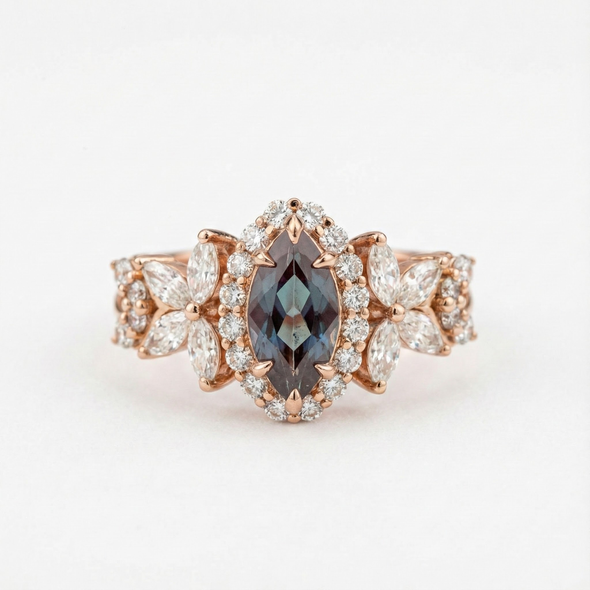 Luxurious Marquise Lab Alexandrite with Moissanite Gold Ring
