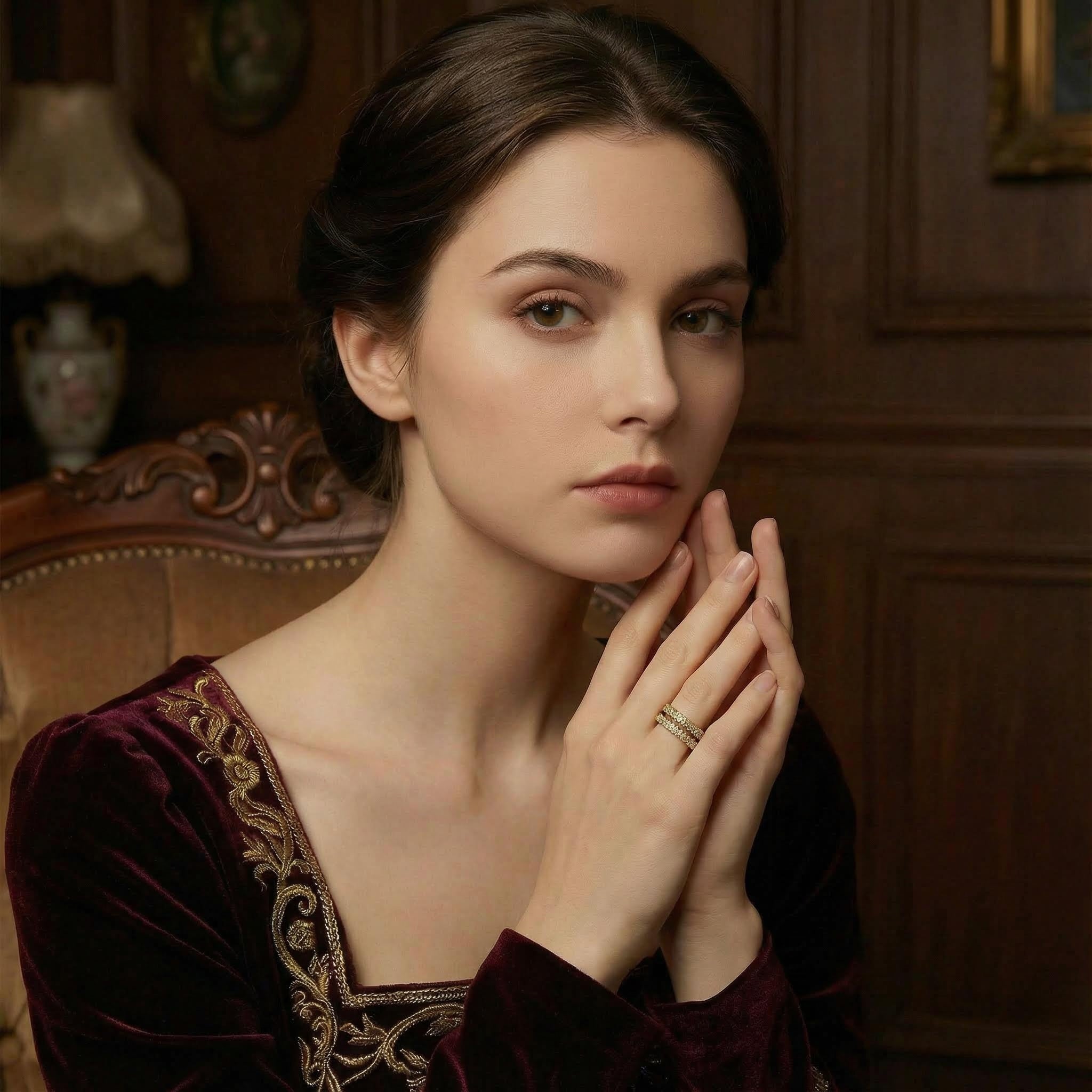 FLUXIS - Yellow Gold Diamond& Garnet Vintage Engagement Ring Classic Style Royal