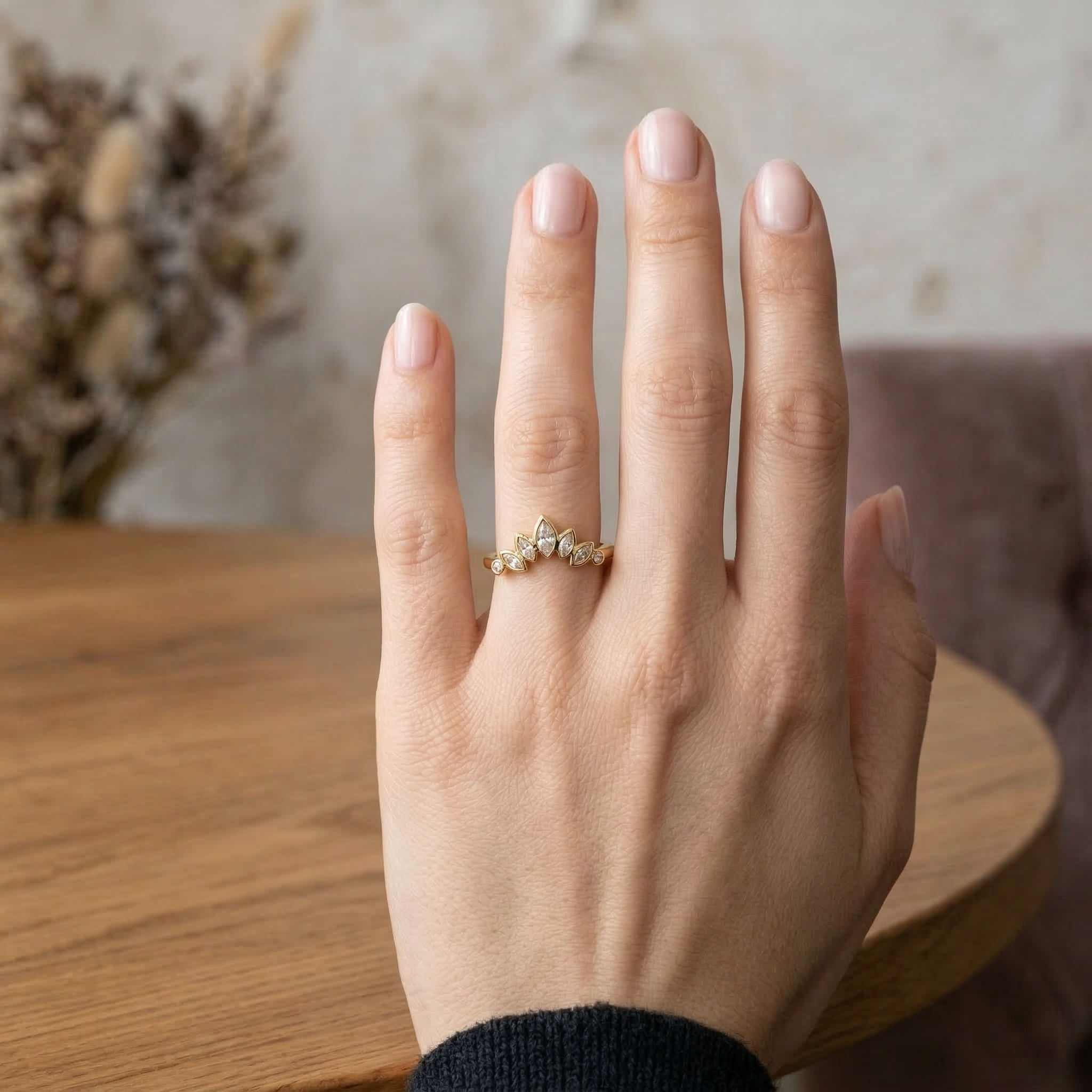 Detailed view of Marquise Moissanite Ring in Gold