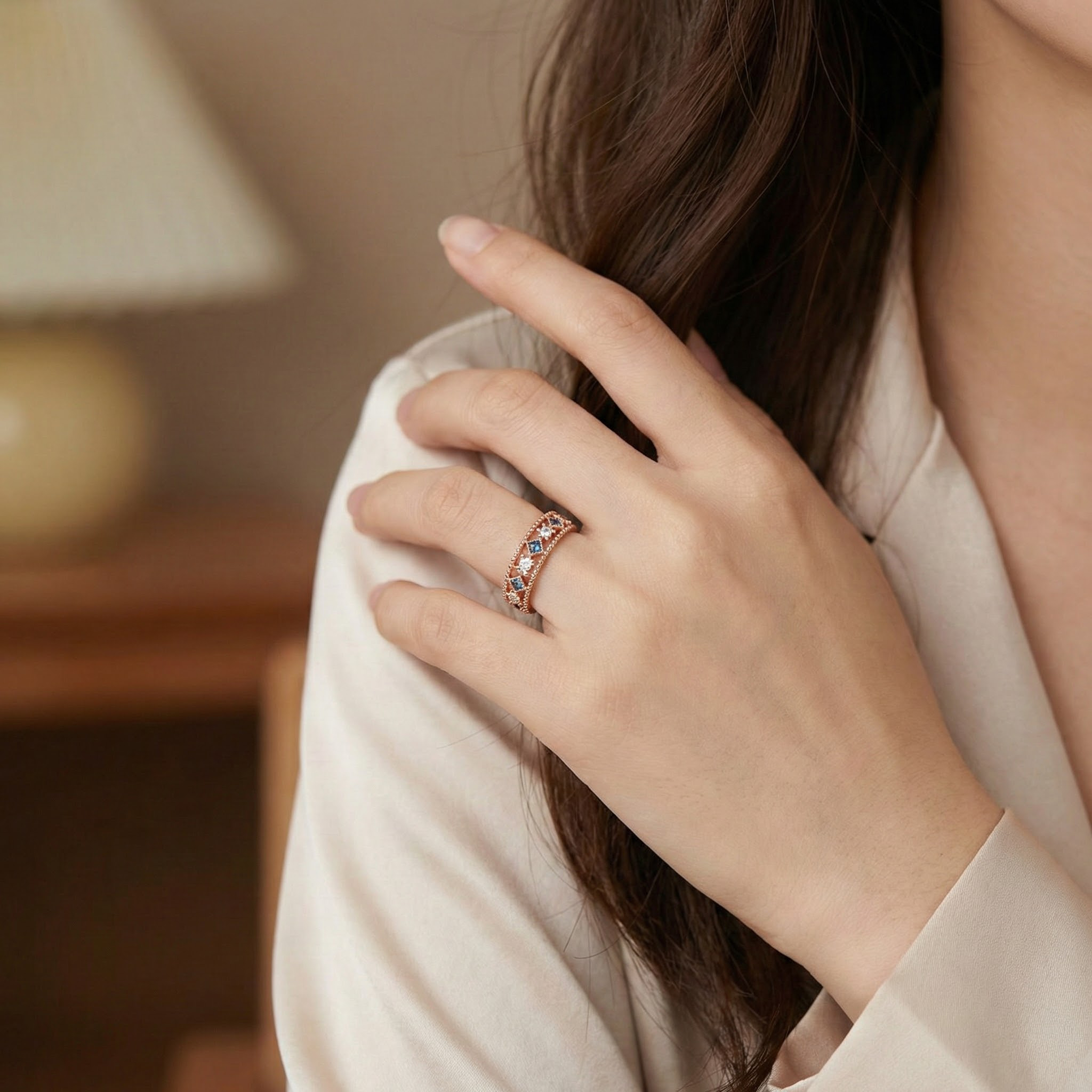 Lab Alexandrite and Moissanite Gold Engagement Band.