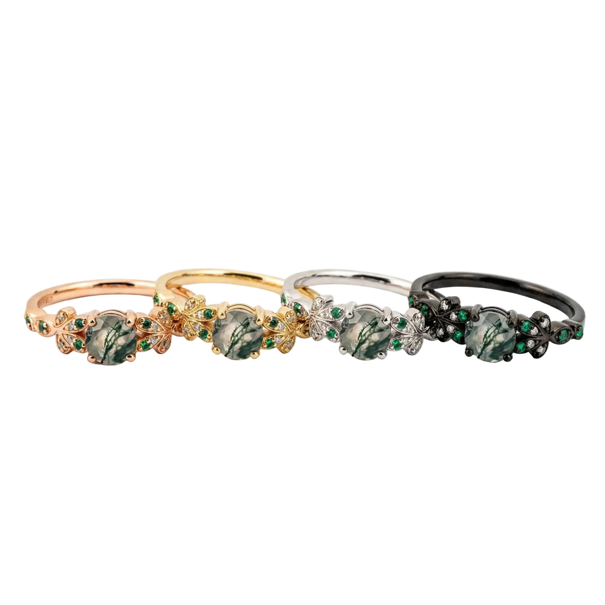 Lifestyle view of Round Moss Agate Ring in Rose Gold