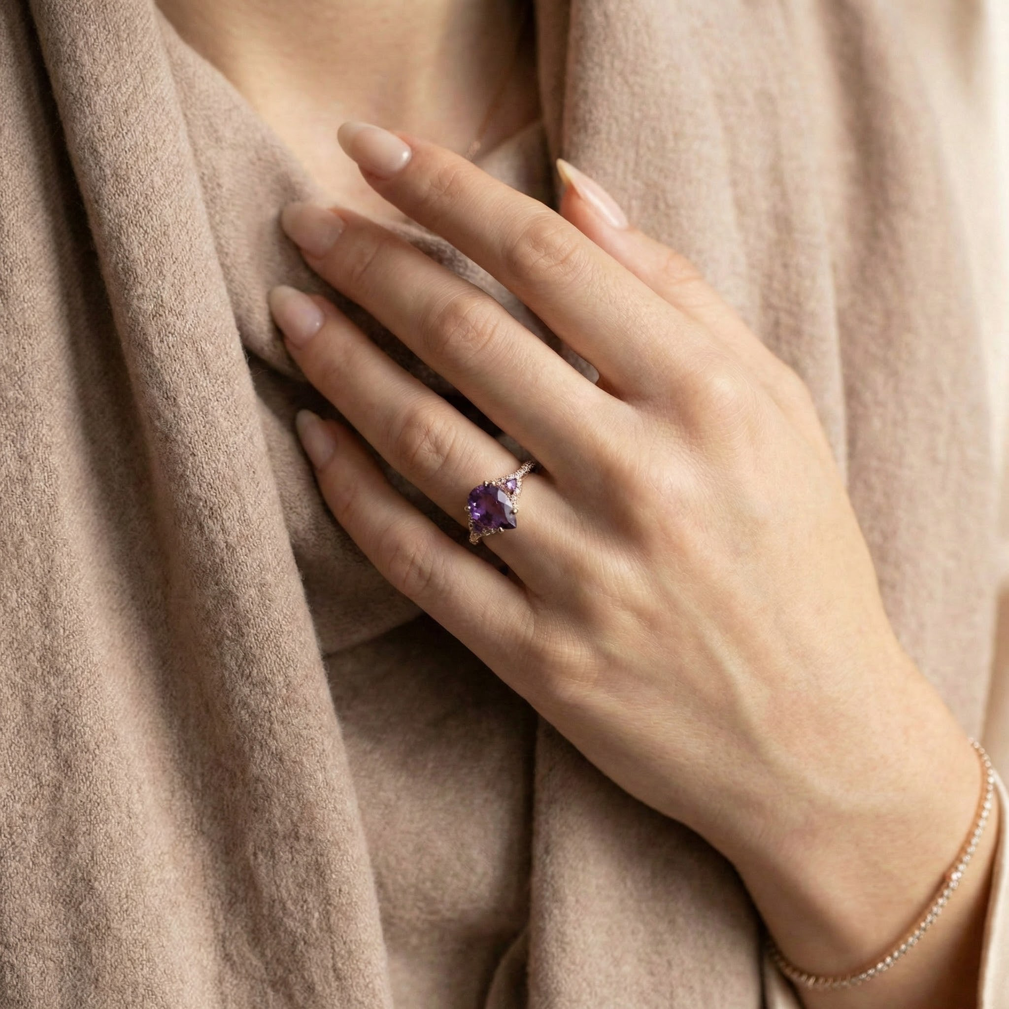 Vintage Pear Amethyst With Moissanite Engagement Ring.