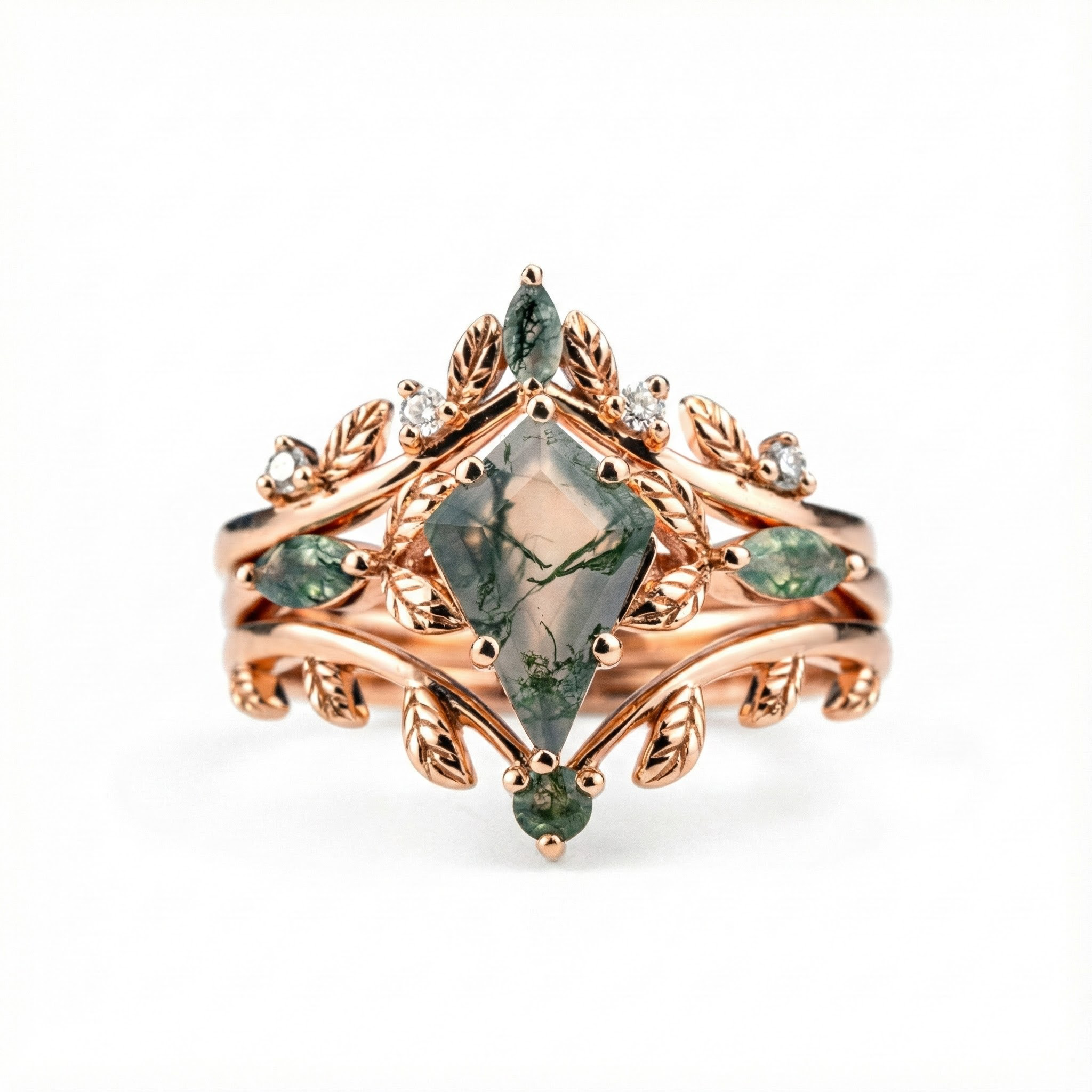 Kite Moss Agate With Moissanite/Diamond Engagement Wedding Ring Set