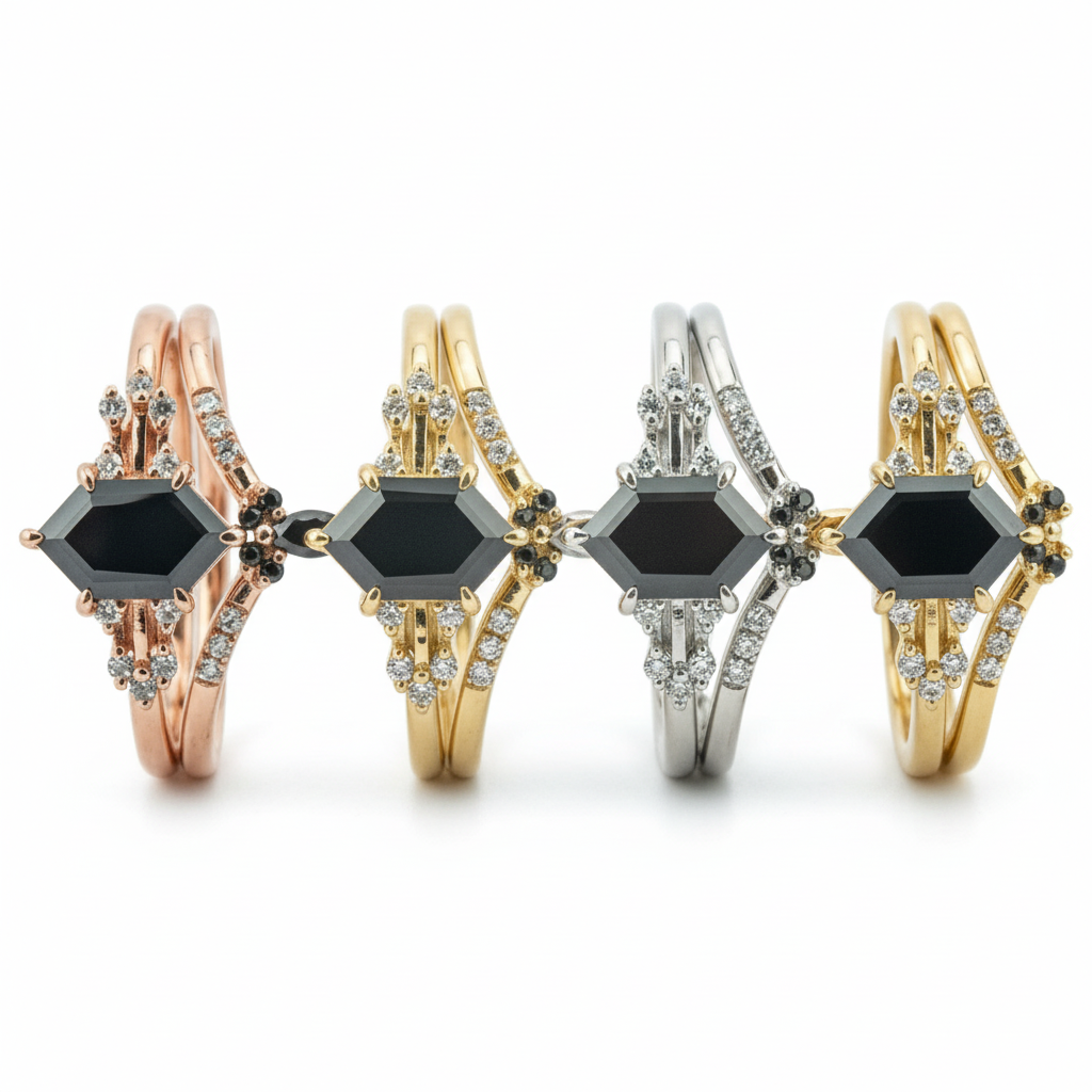 Luxurious Hexagon Black Onyx Ring Set - Unique Engagement Rings for Ultimate Elegance