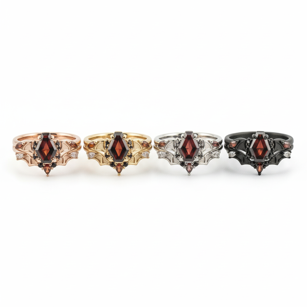 Product view of Coffin Garnet Ring Set in Rose Gold
