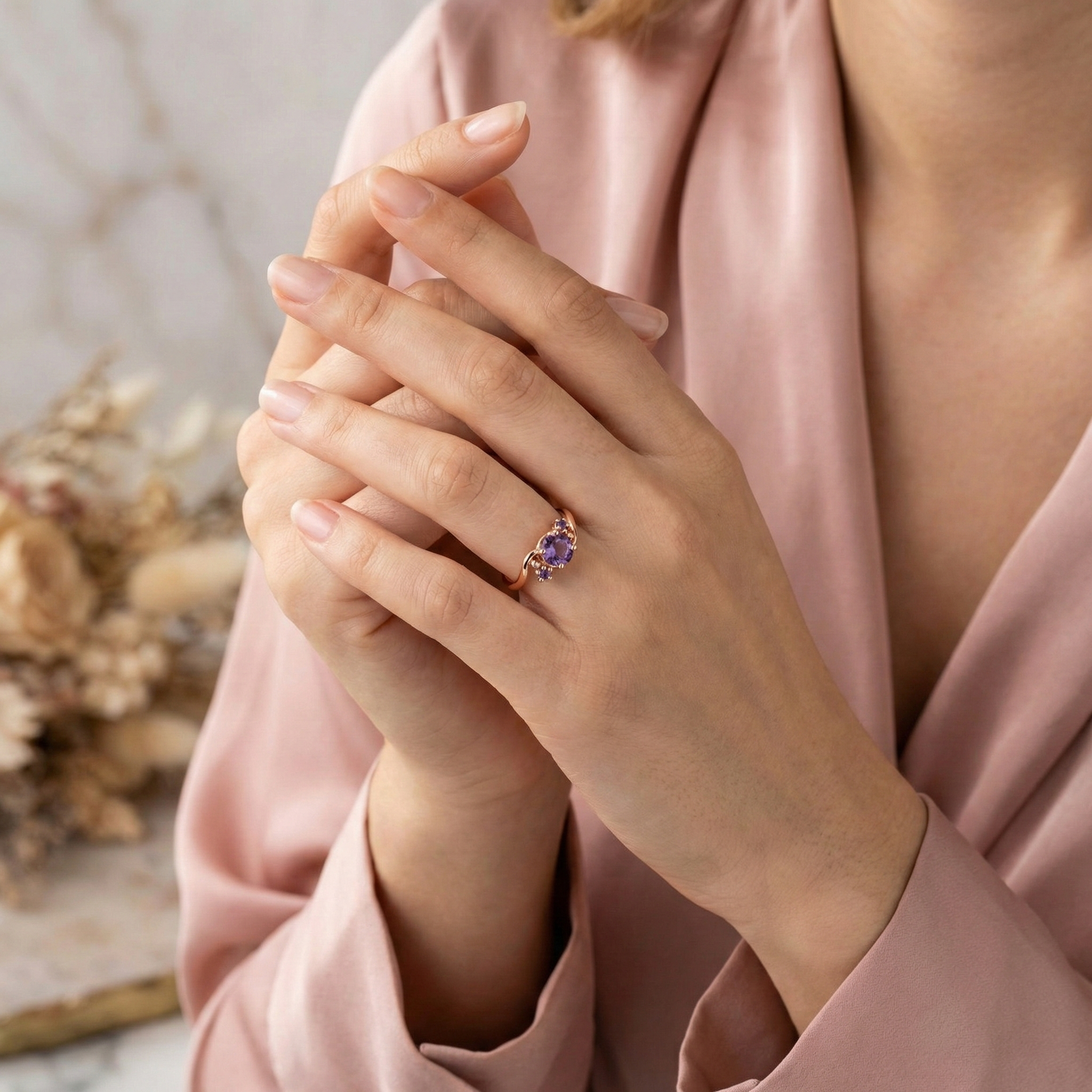 Angled view of Round Amethyst Engagement Ring in Gold