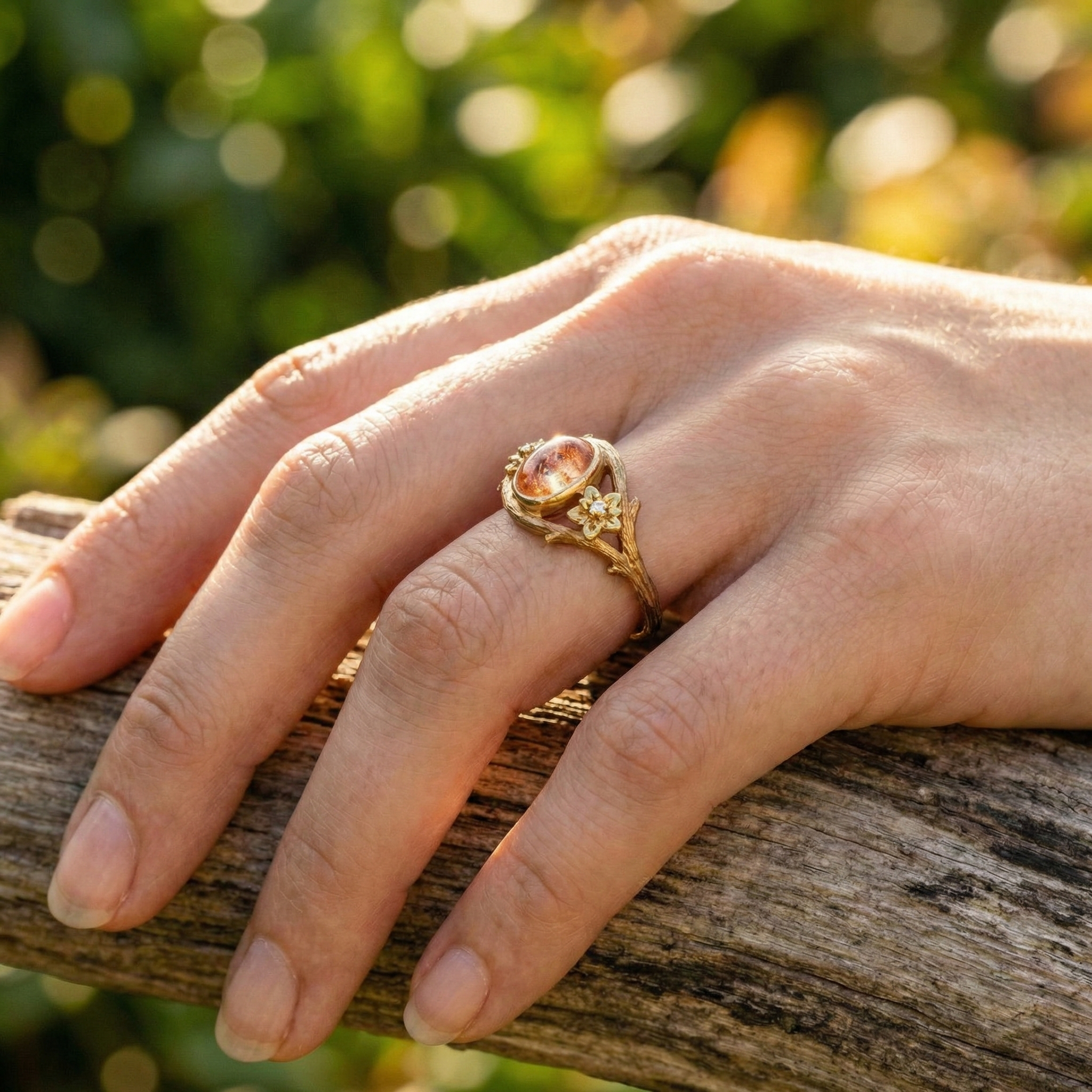 Handmade Sunstone Texture Gold Leaf Ring Engagement/Wedding.