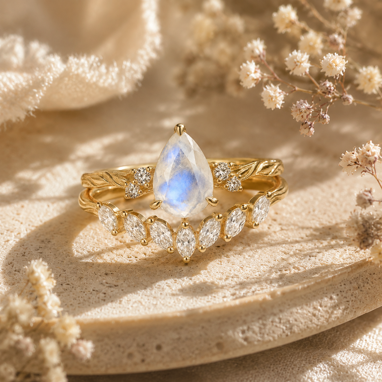 Botanical wedding ring set with pear moonstone center stone
