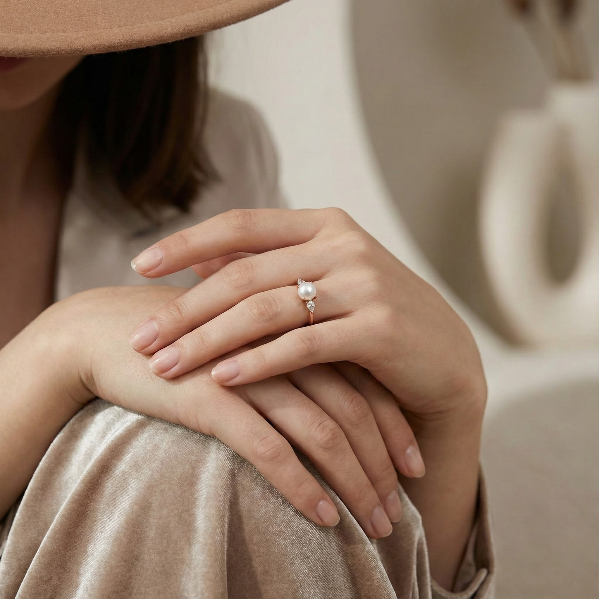 Unique Pearl Ring with Moissanite Rose Gold Engagement Ring Set Pearl Engagement Ring Set