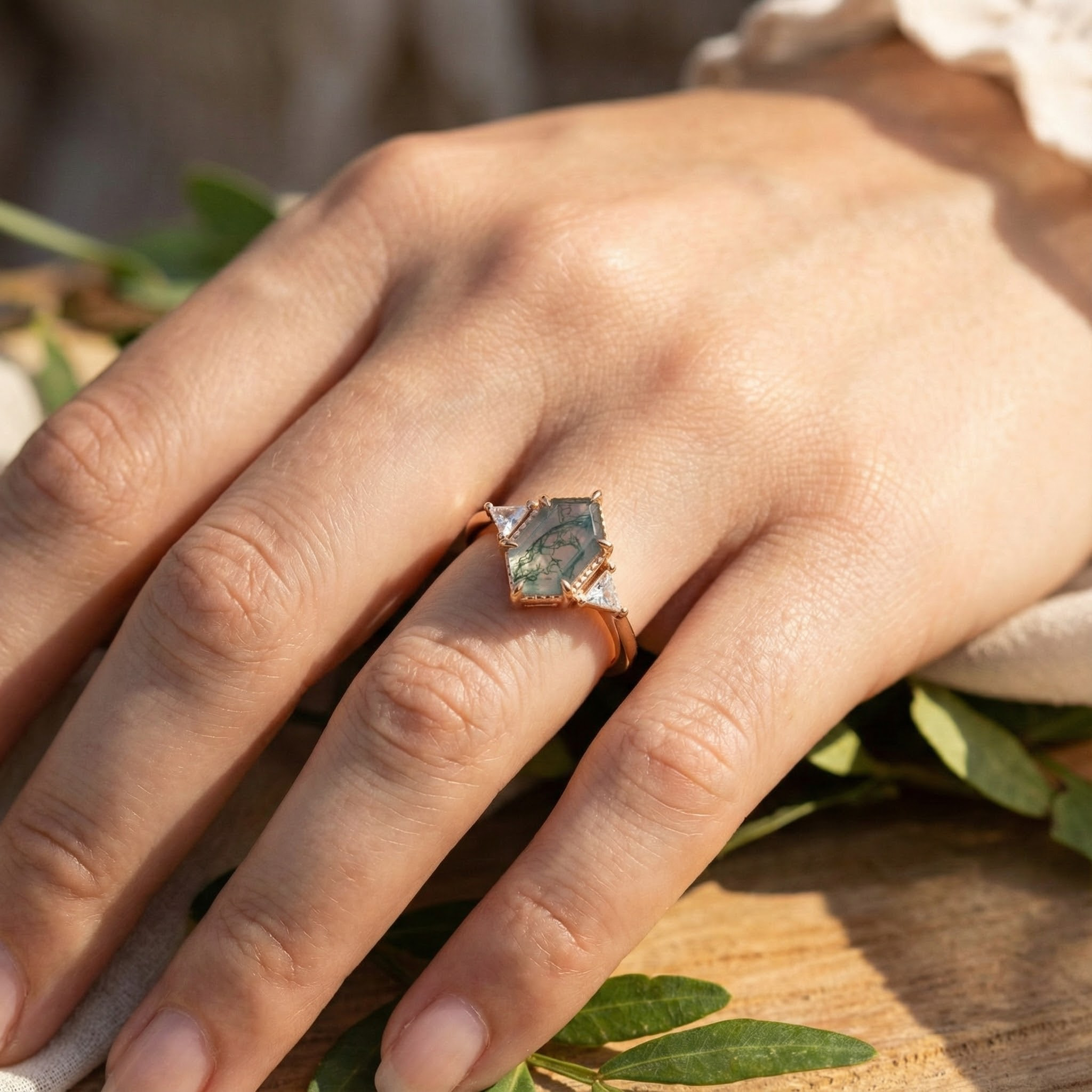 Long Hexagon Moss Agate Three Stone Ring Rose Gold Wedding Agate Engagement Ring