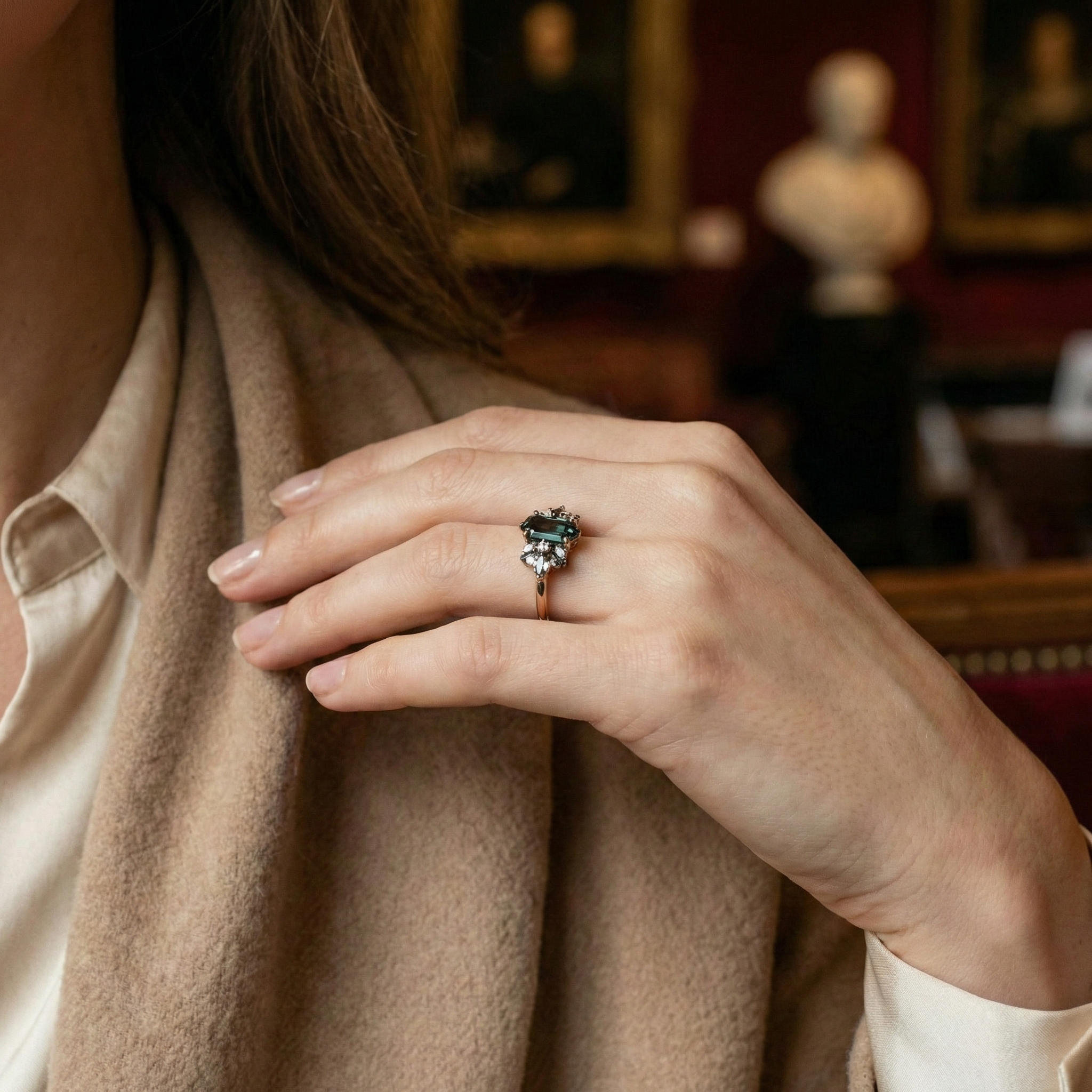 Long Hexagonal Lab Alexandrite Flower Cluster Gold Engagement Ring.