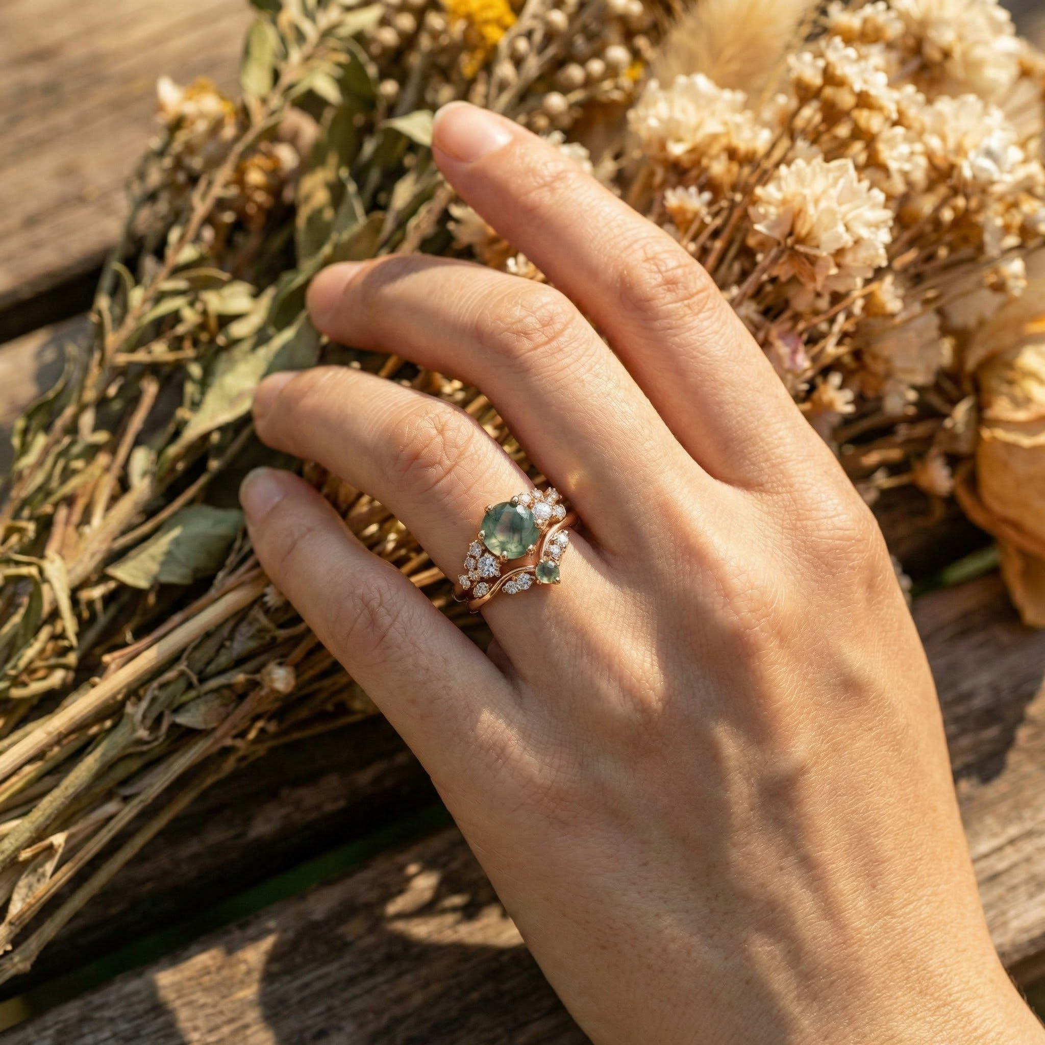 Angled view of Round Moss Agate Ring Set in Gold