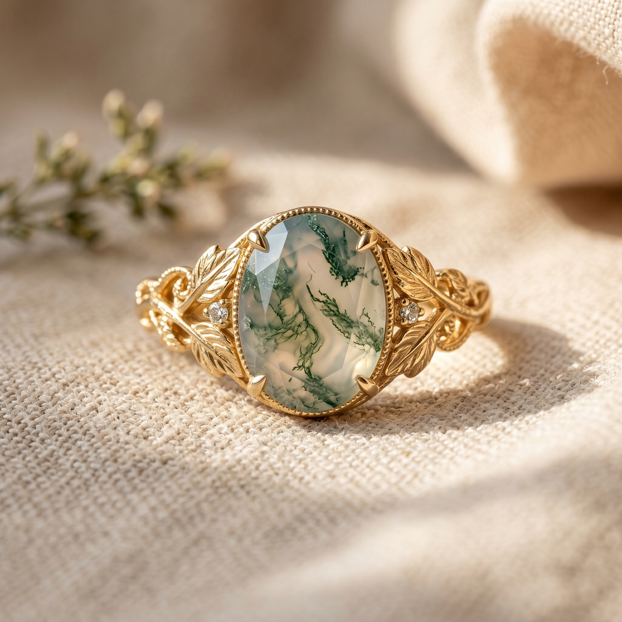 Product view of Oval Moss Agate Engagement Ring in Gold