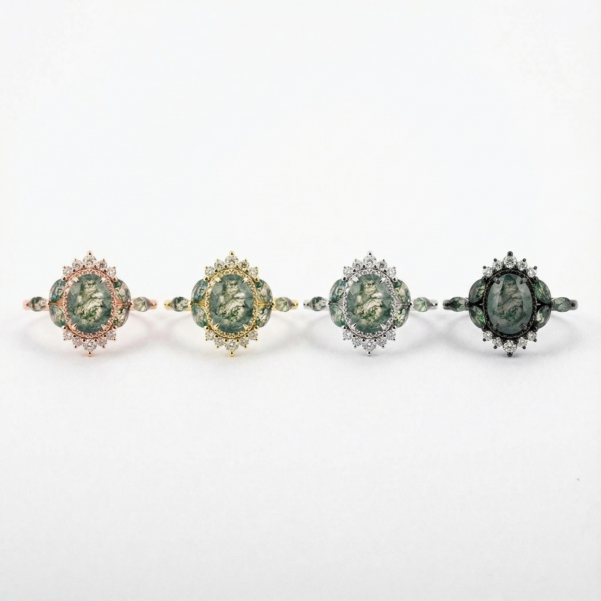 PETALIS - Oval Moss Agate & Moissanite White Gold Ring Floral White Gold Ring 