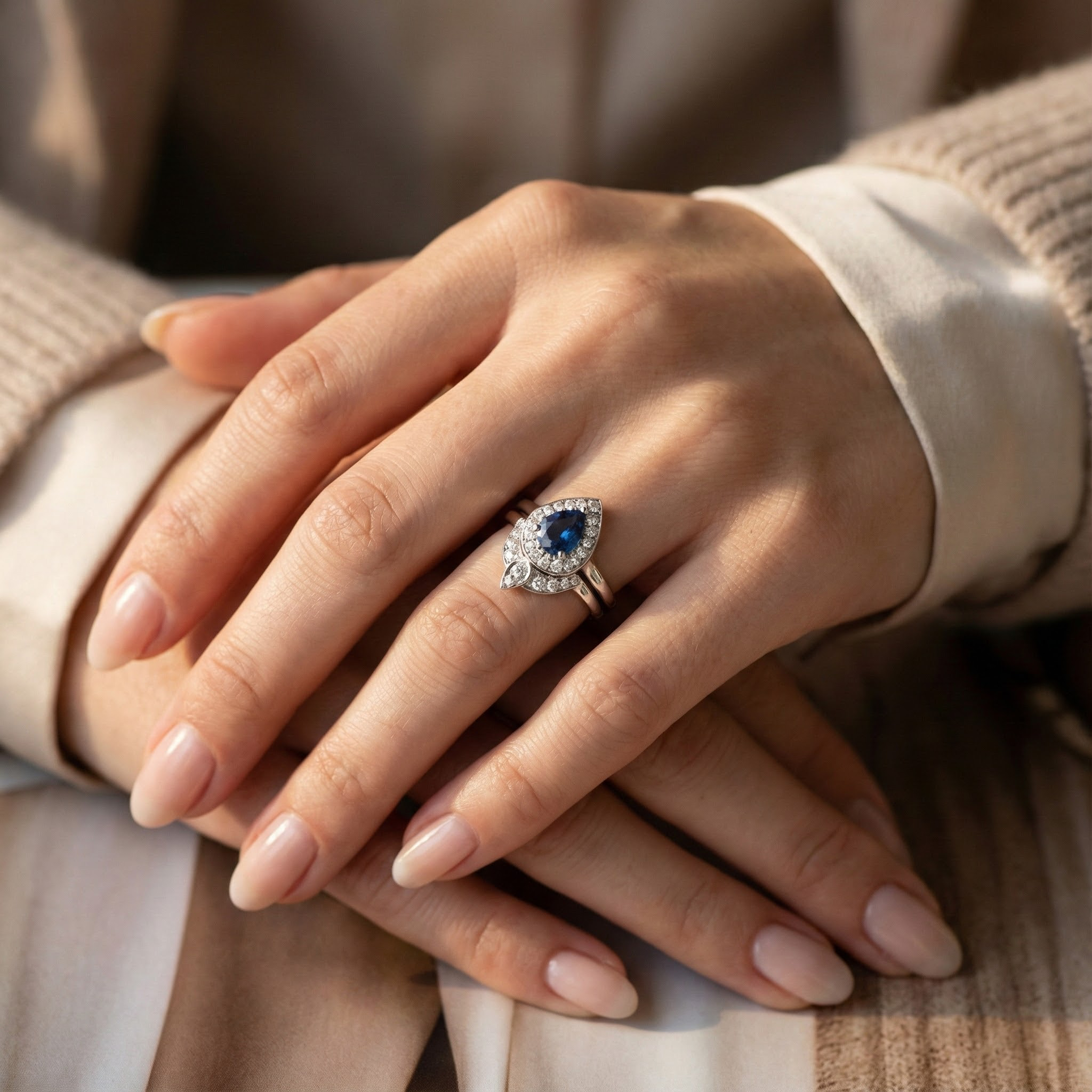 Luxury Teardrop Sapphire Diamond Ring Engagement White Gold Ring Set