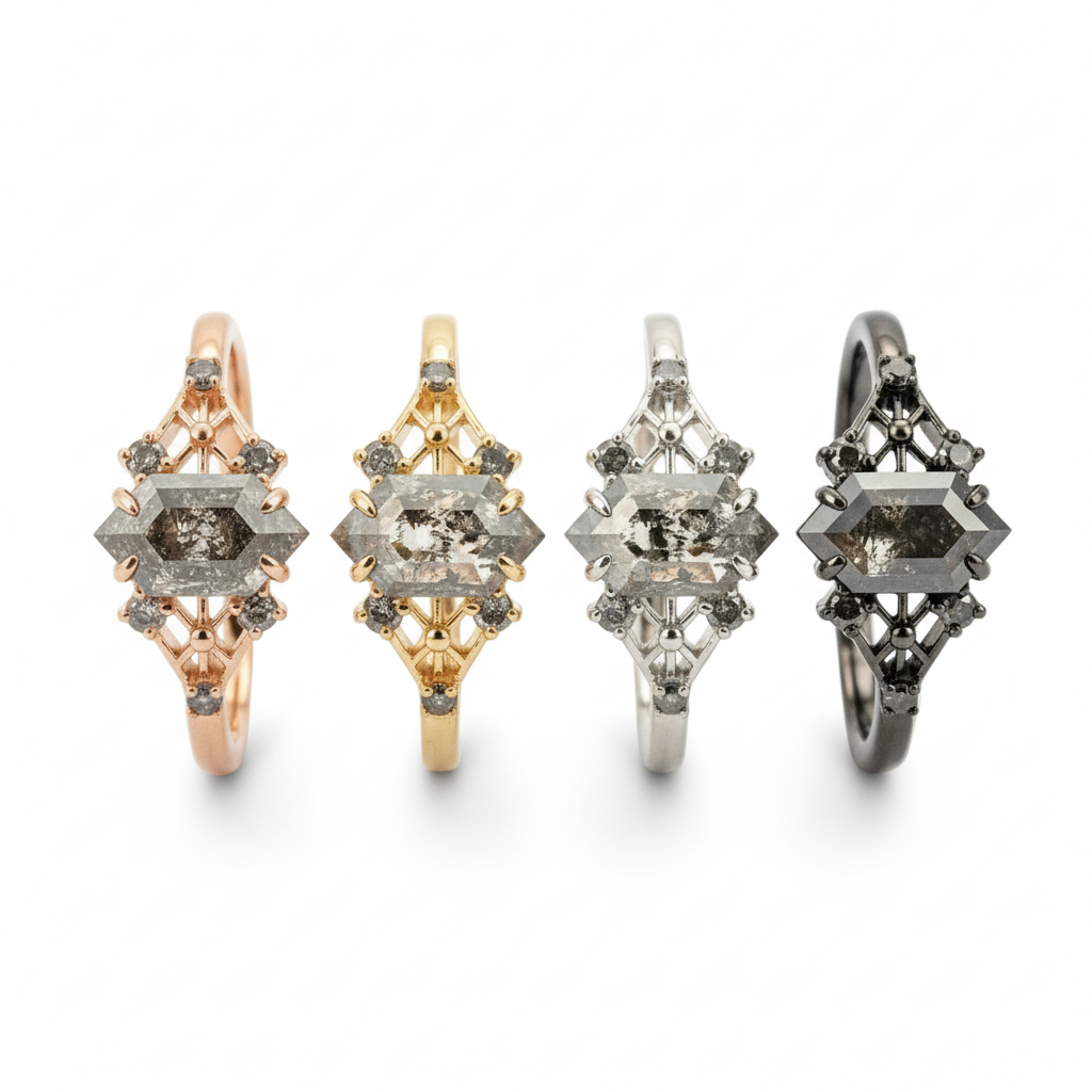 Lifestyle view of Long Hexagon Salt and Pepper Diamond Engagement Ring in Gold