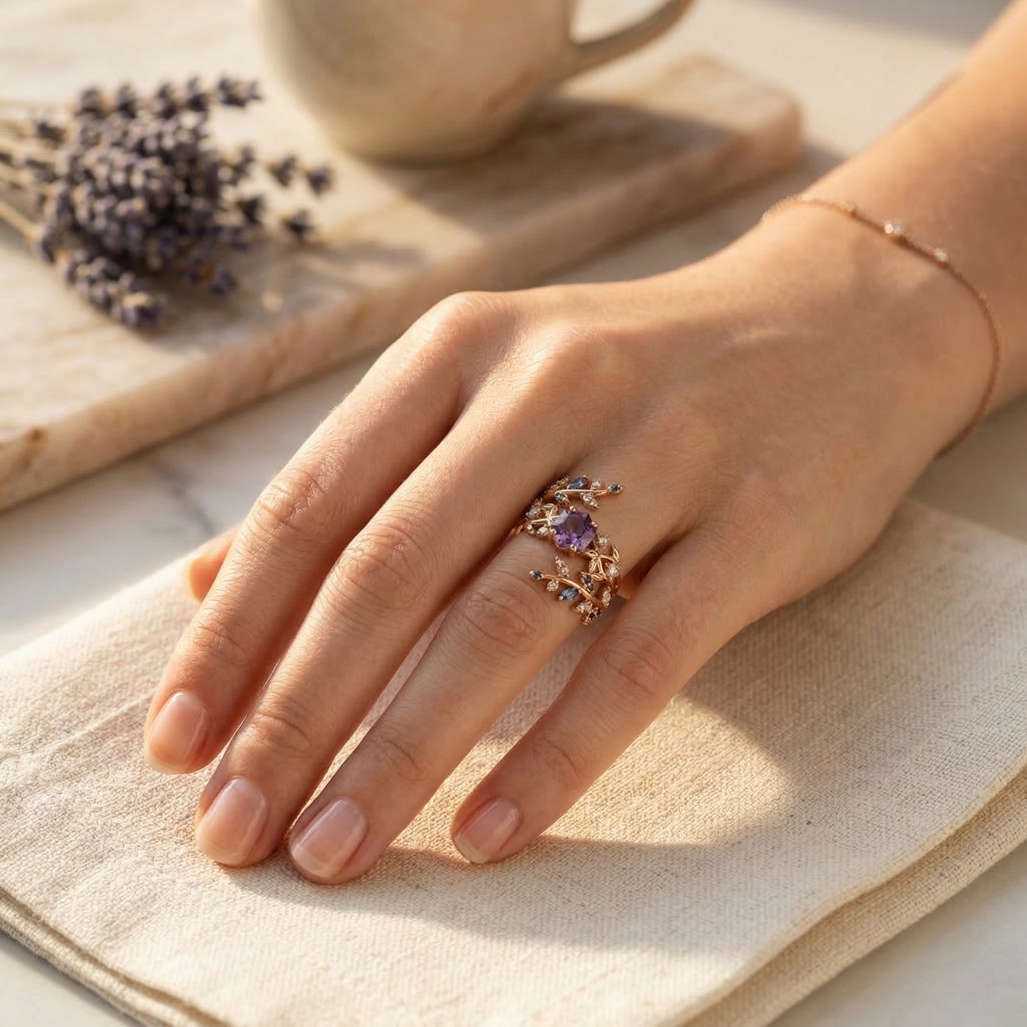 Detailed view of Hexagon Amethyst Ring Set in Gold