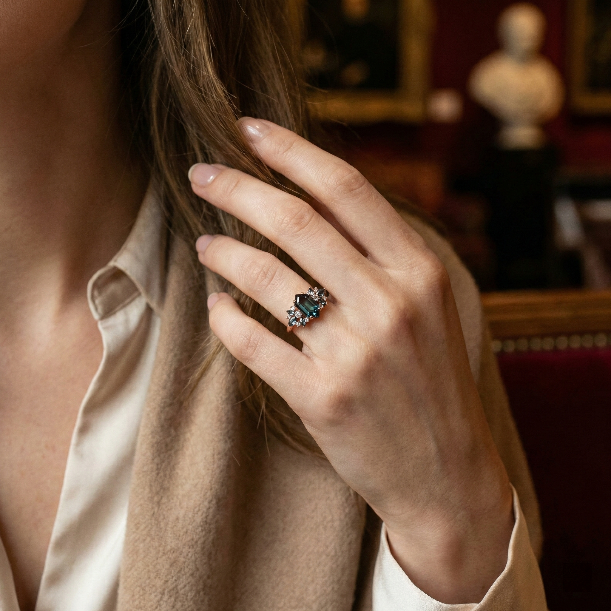 Detailed view of Long Hexagon Alexandrite Engagement Ring in Gold