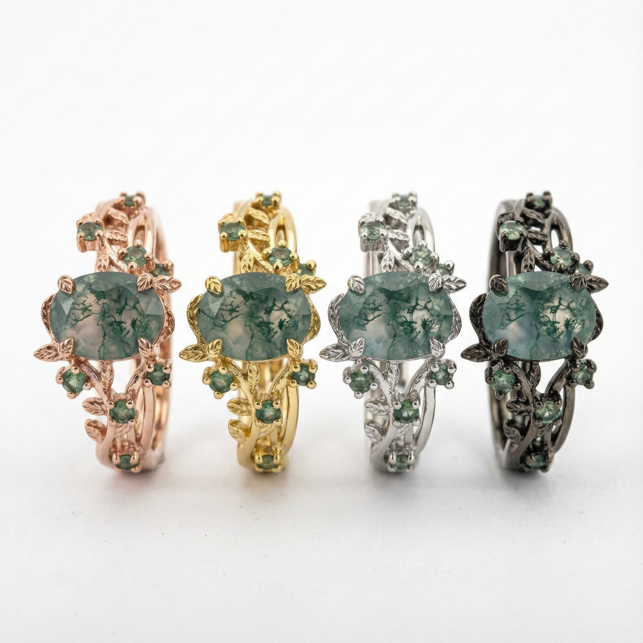 Oval Moss Agate Leaf Ring - Unique Nature Inspired Black Gold Ring Set