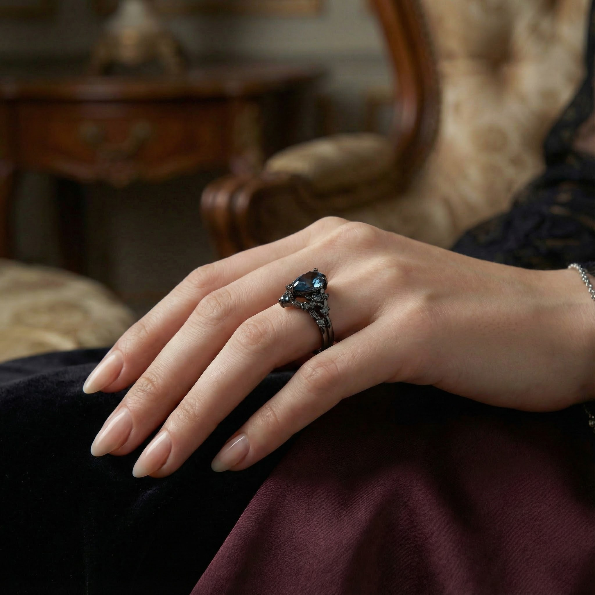 Botanical Elegance -Pear Cut Lab Alexandrite Black Gold Engagement Ring Set Floral Ring