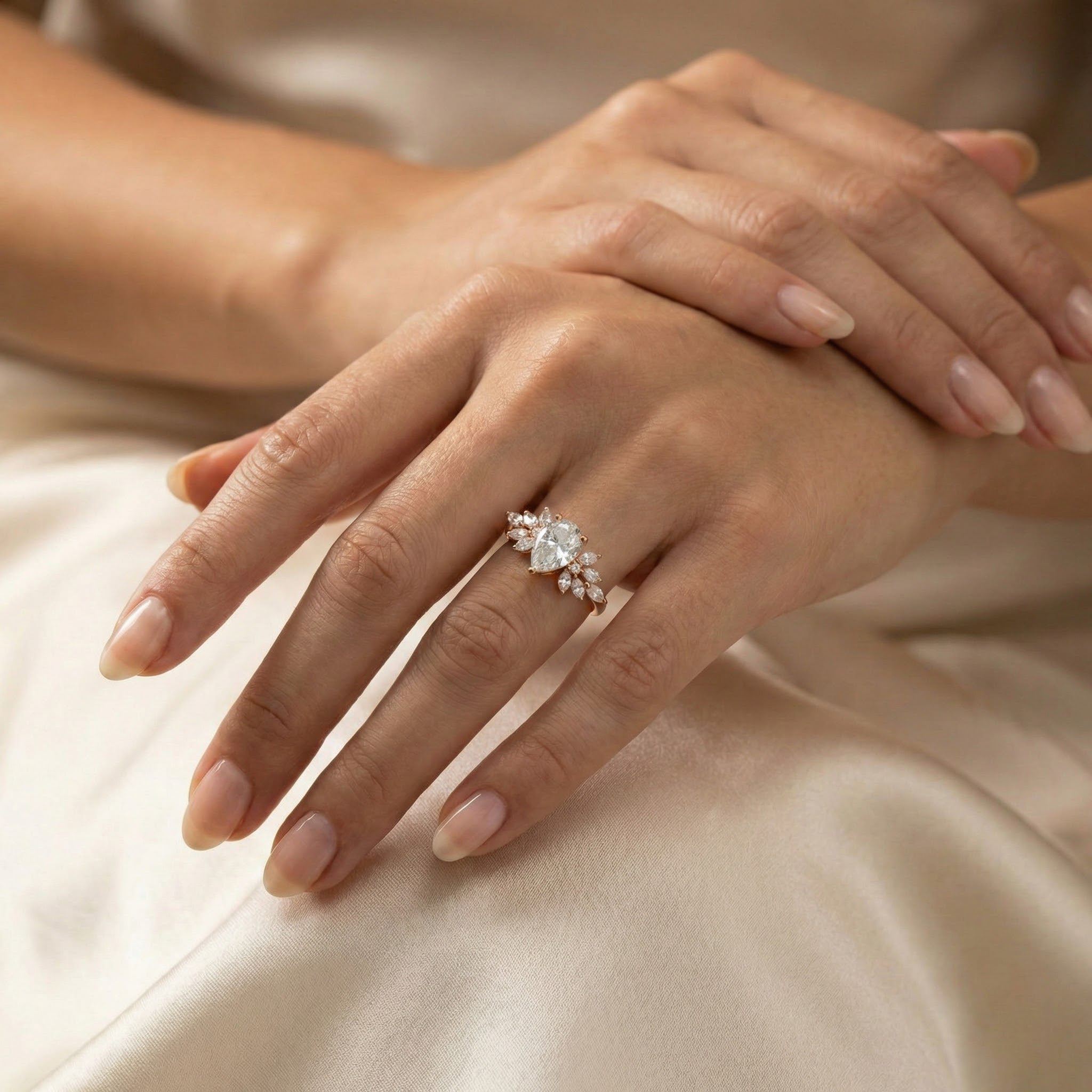 Luxurious Pear Moissanite Engagement Ring with intricate Butterfly design