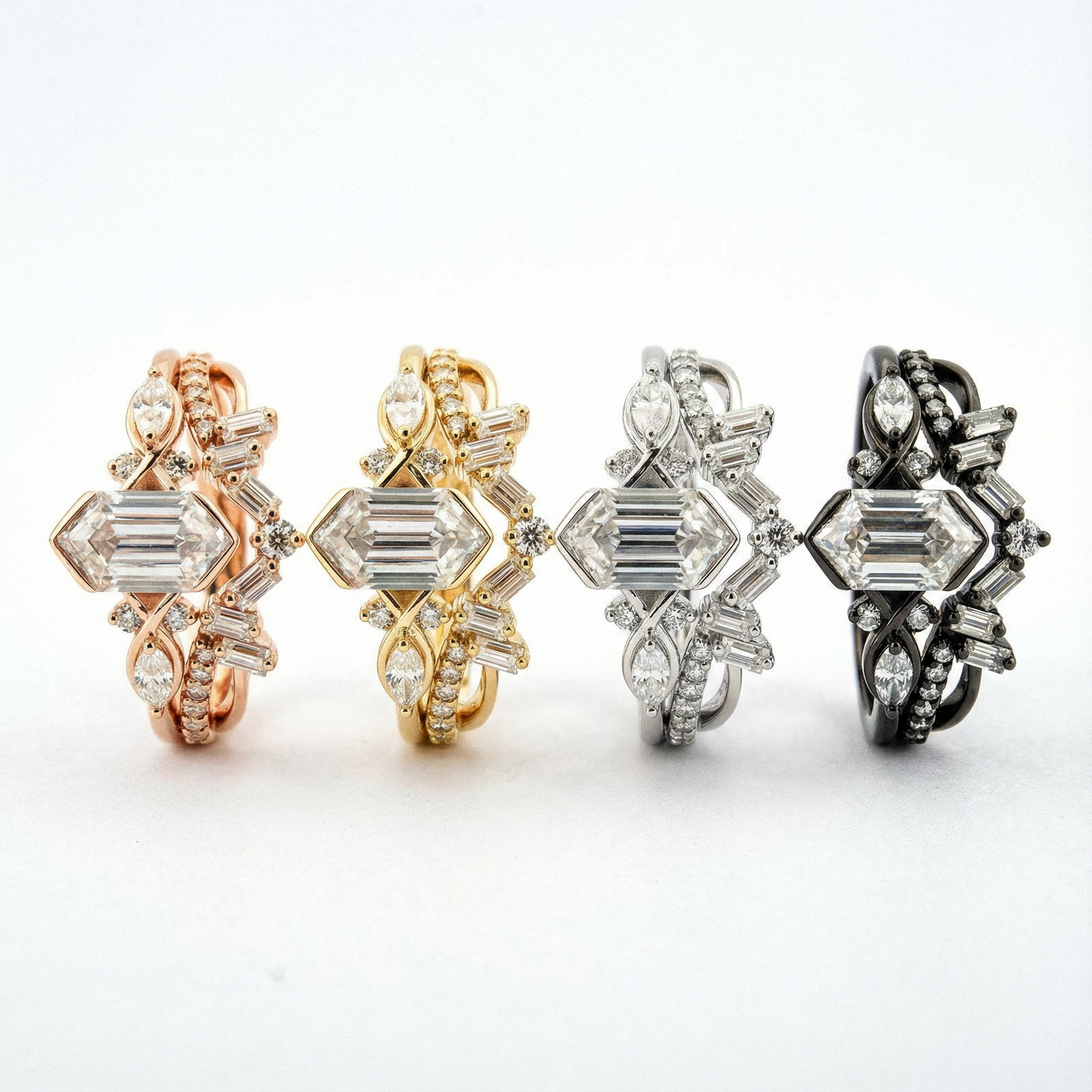 Luxury Long Hexagon Moissanite/Diamond Personalized Wedding Ring Set 