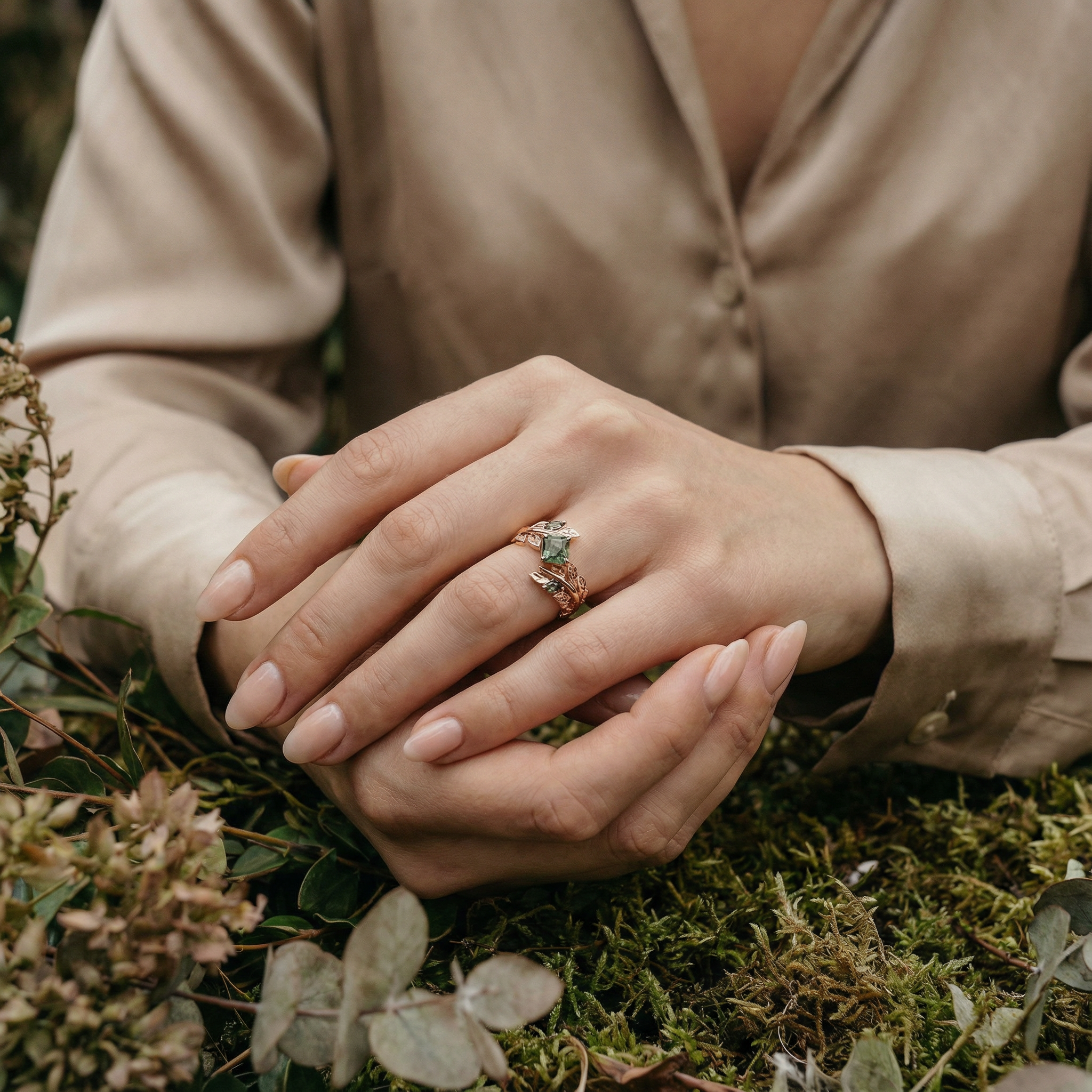 PETALIS - Princess Moss Agate Wedding Rose Gold Leaf Ring Floral Engagement Ring
