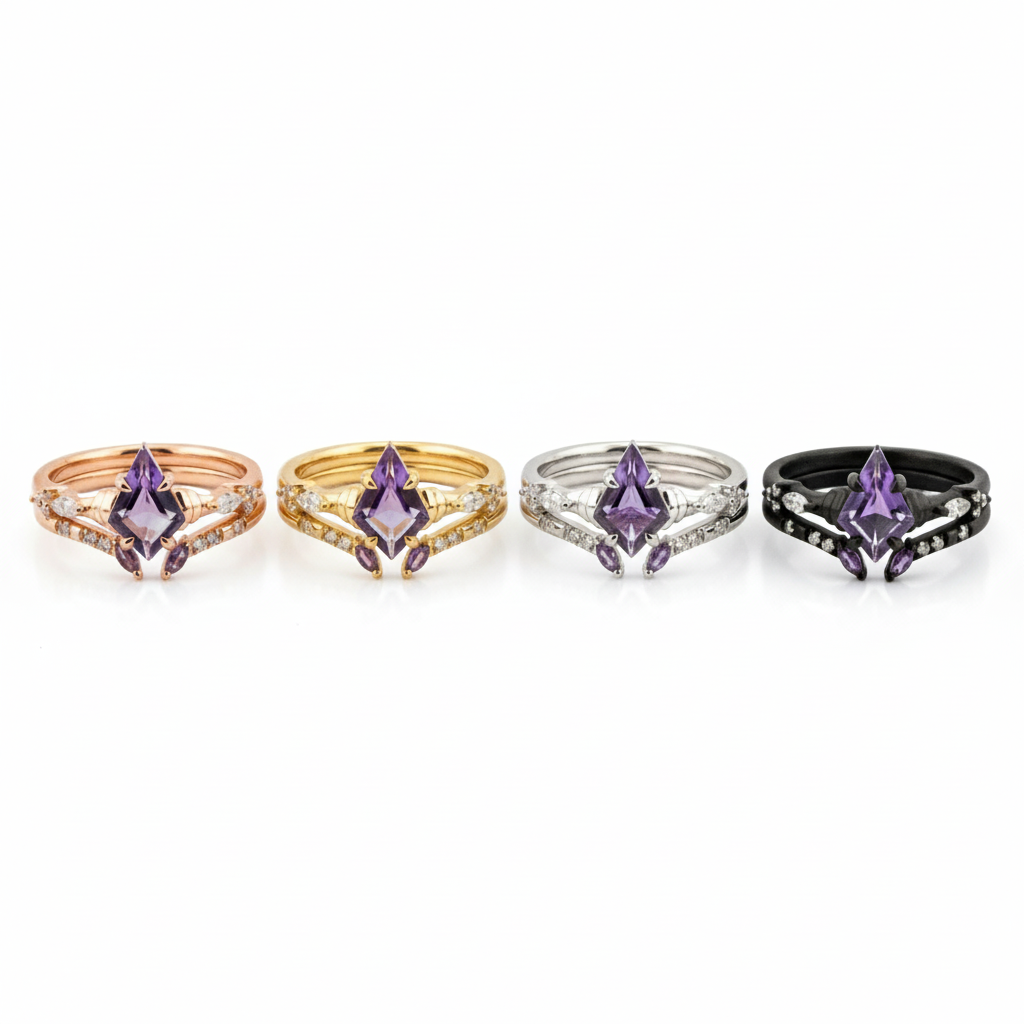 Lifestyle view of Kite Cut Amethyst Ring Set in Gold