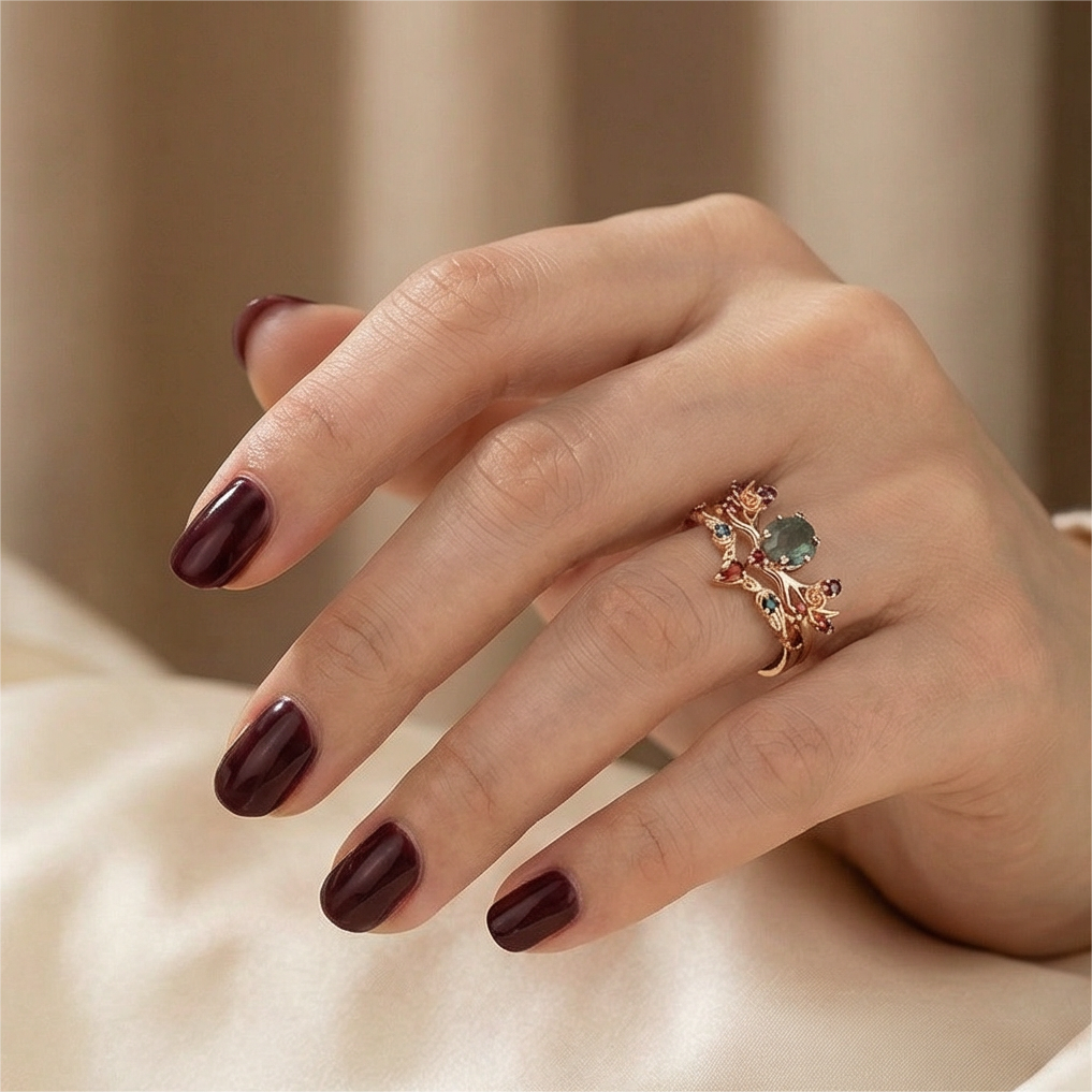 Botanical Elegance - Hexagonal Moss Agate and Garnet Leaf Ring Set Floarl Ring Set