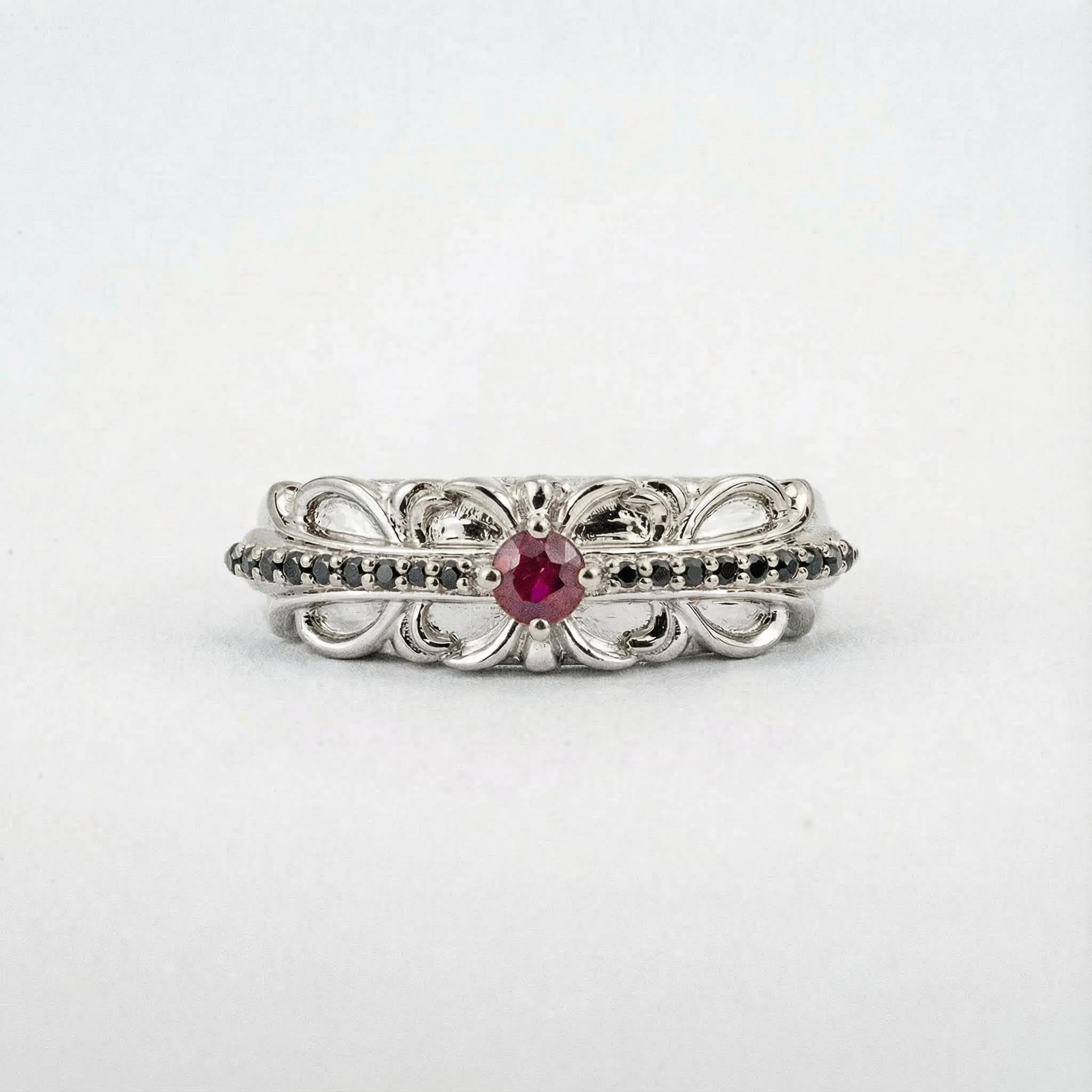 ELEVA - Vintage Round Garnet Rose Gold Engagement Band Handmade Gold Ring White Gold