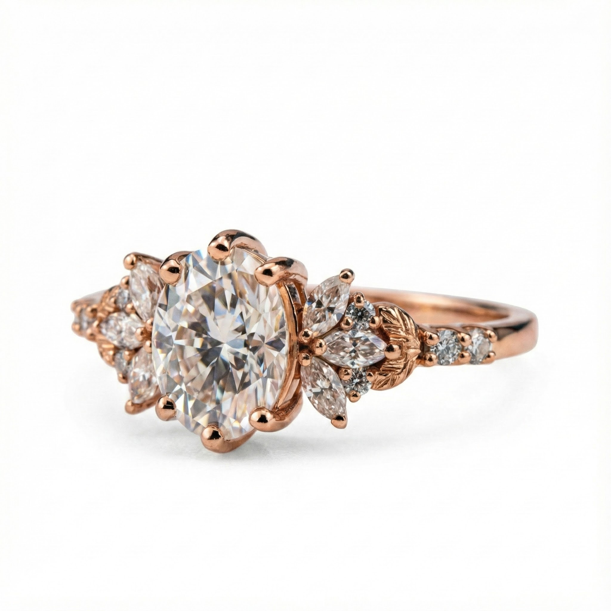 Elegant handmade oval moissanite ring featuring a delicate leaf motif, perfect for adding a touch of nature to your look.