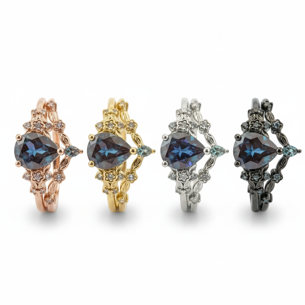 Botanical Elegance -Pear Cut Lab Alexandrite Black Gold Engagement Ring Set Floral Ring
