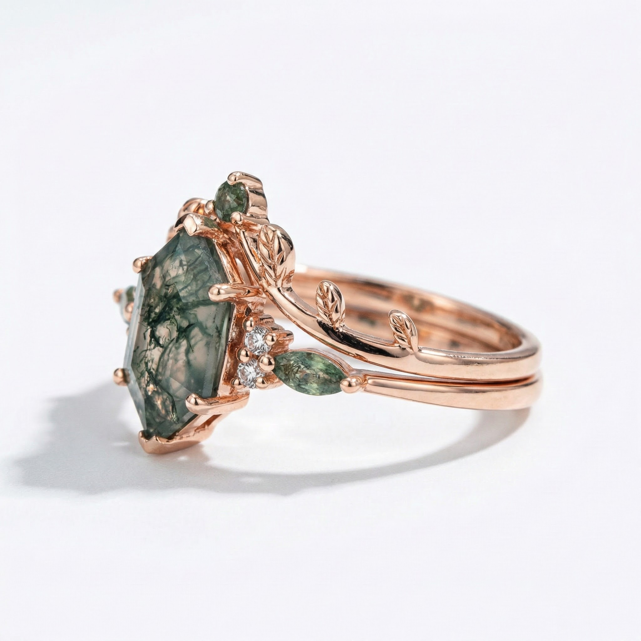 Product view of Long Hexagon Moss Agate Ring Set in Gold