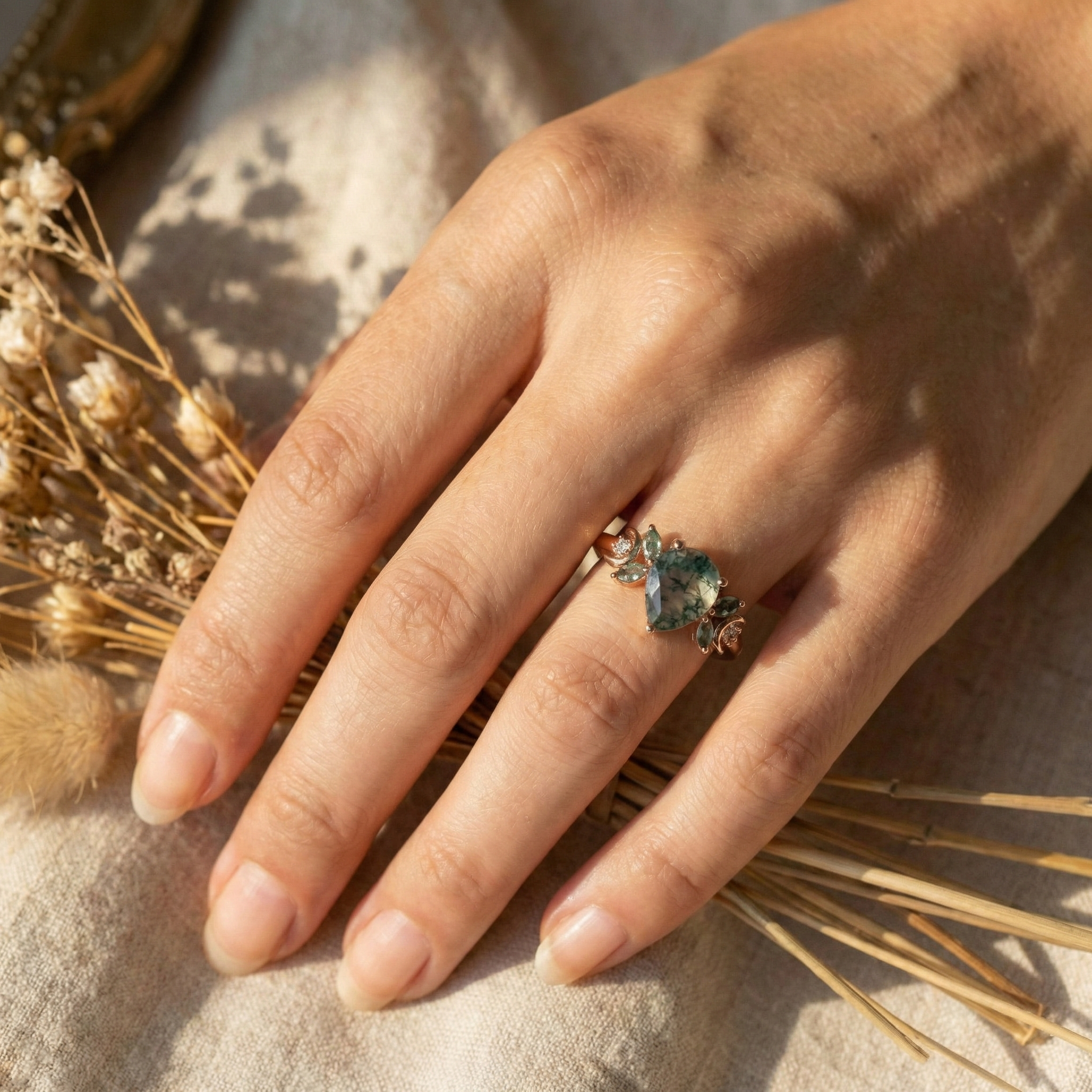 Detailed view of Pear Moss Agate Ring in Gold