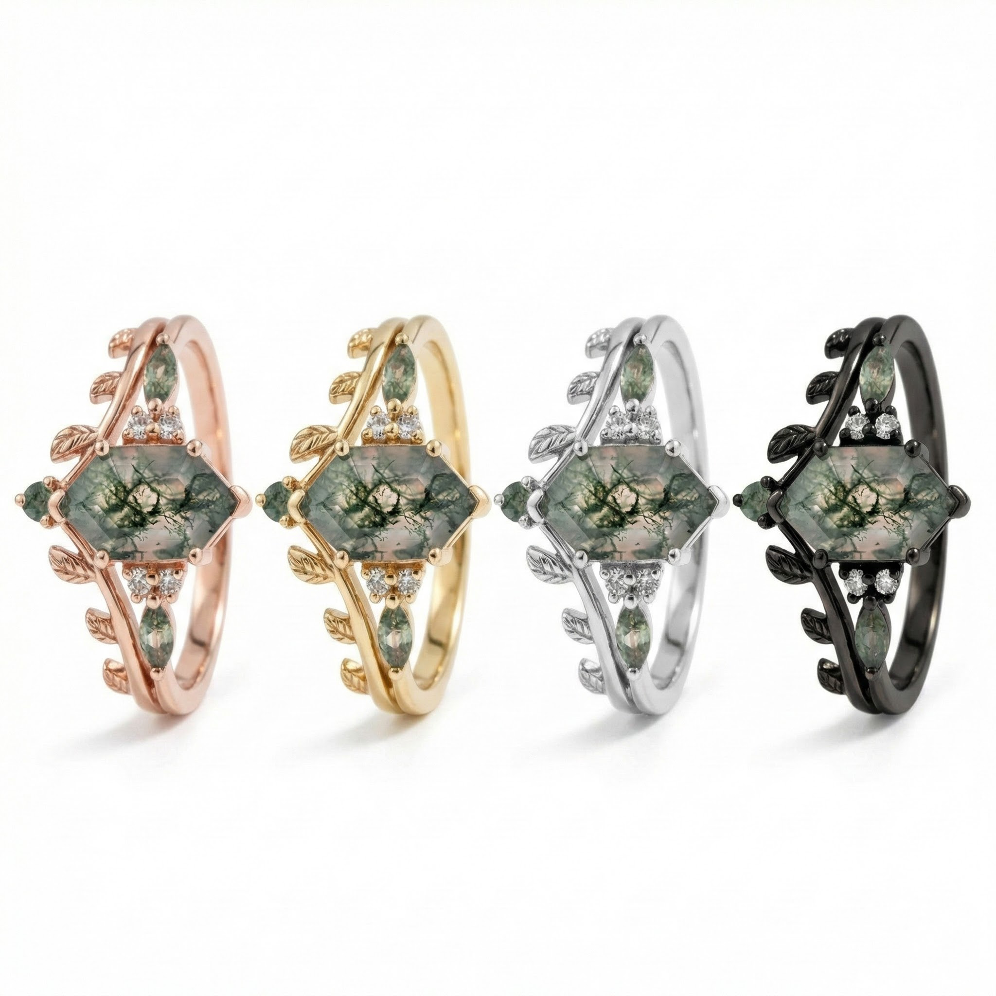 Lifestyle view of Long Hexagon Moss Agate Ring Set in Gold