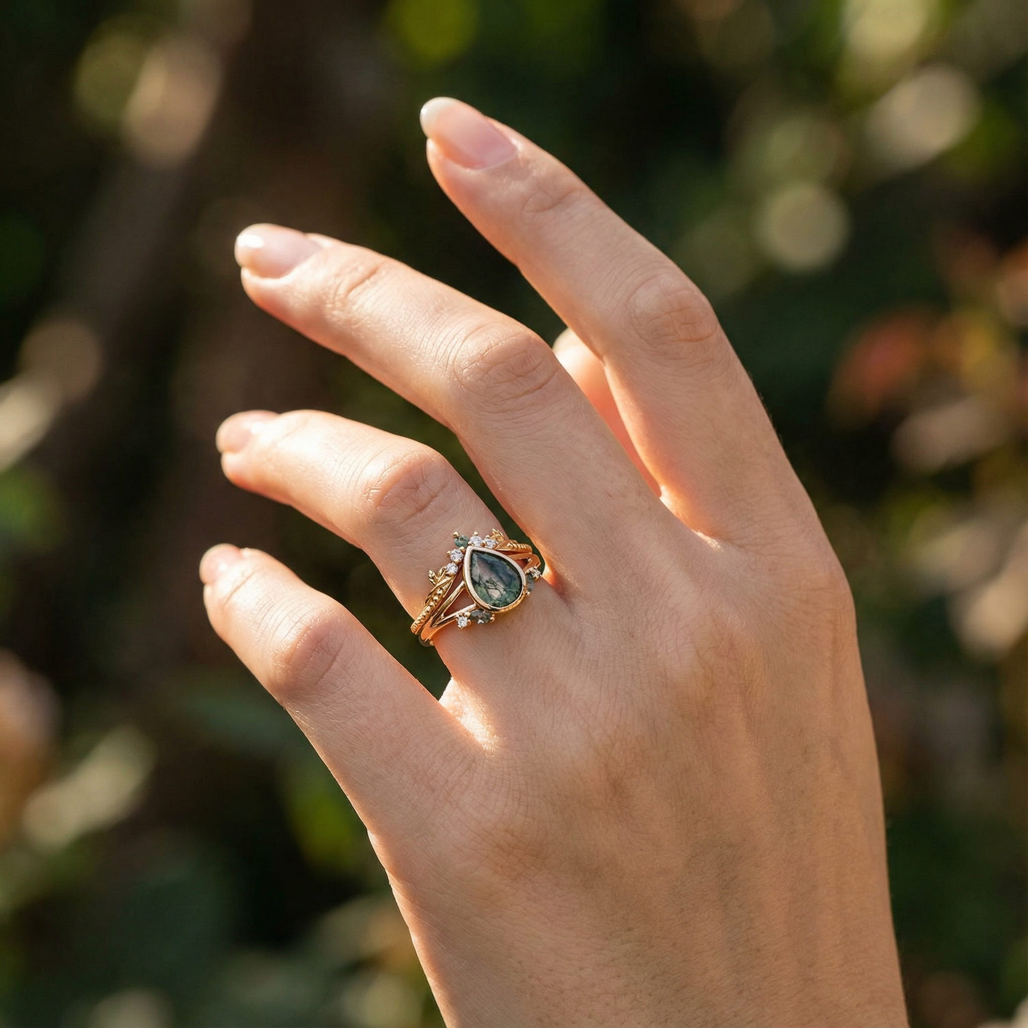 Vintage Anniversary Pear Shape Moss Agate Natural Design Ring Set Floarl Ring Set