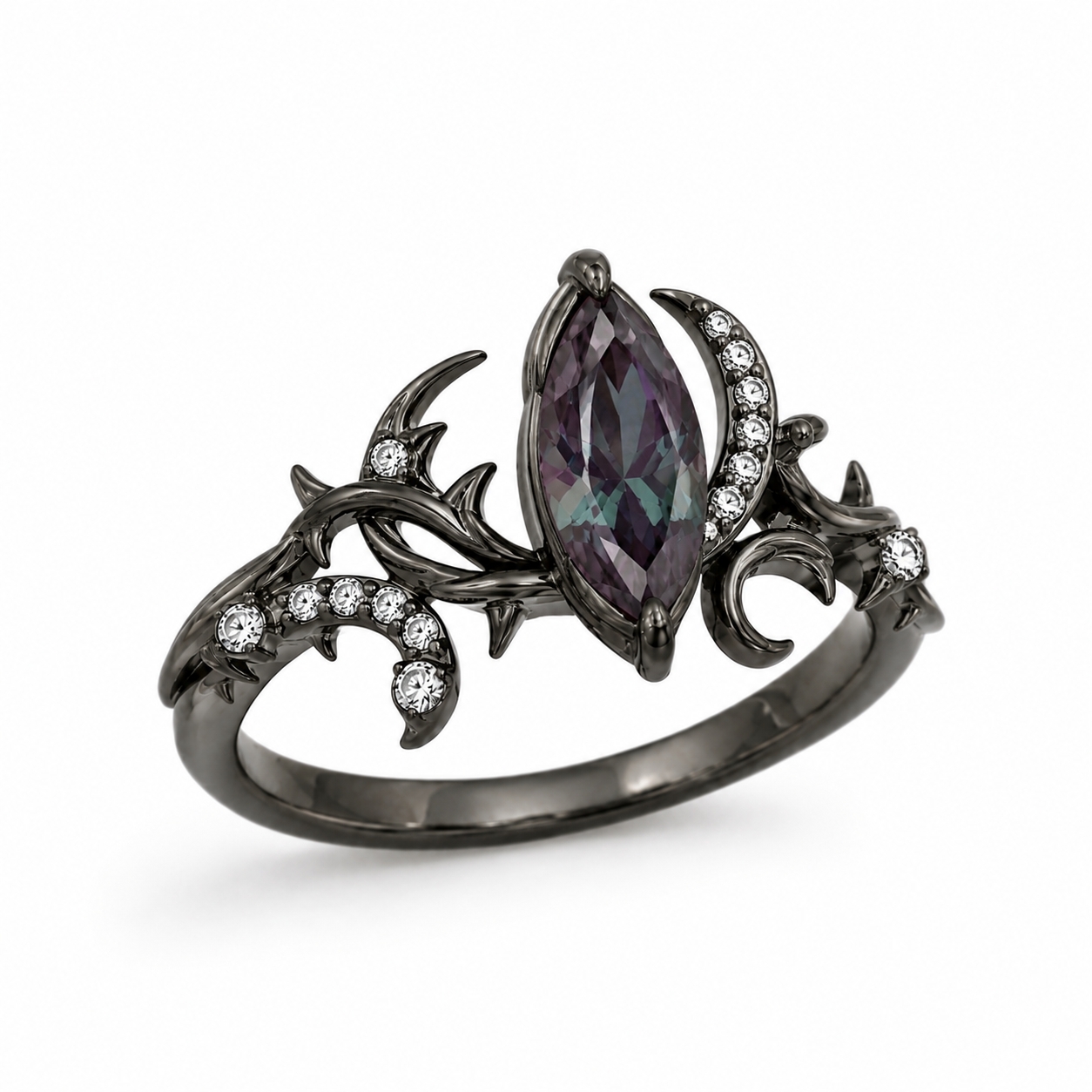 Marquise Alexandrite Gothic Ring with Moissanite Accents