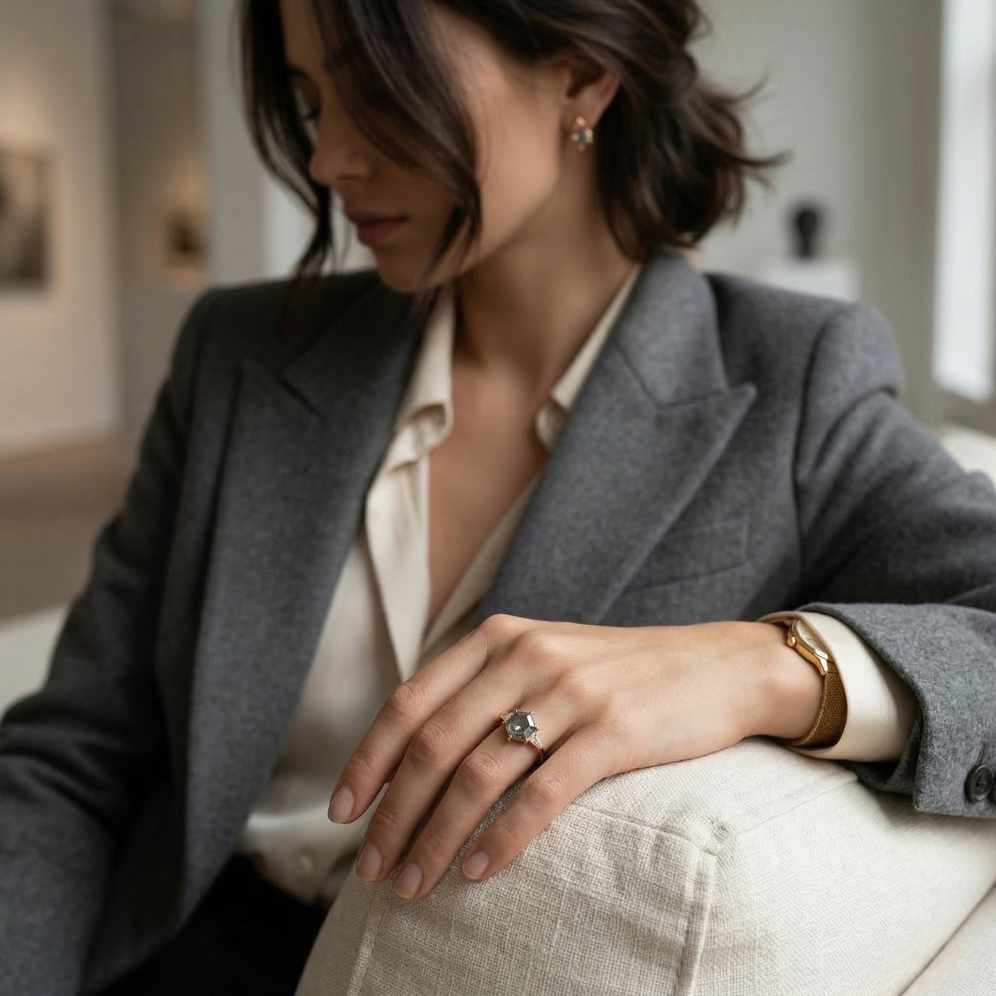 Hexagonal Salt and Pepper Diamond timeless engagement Rings