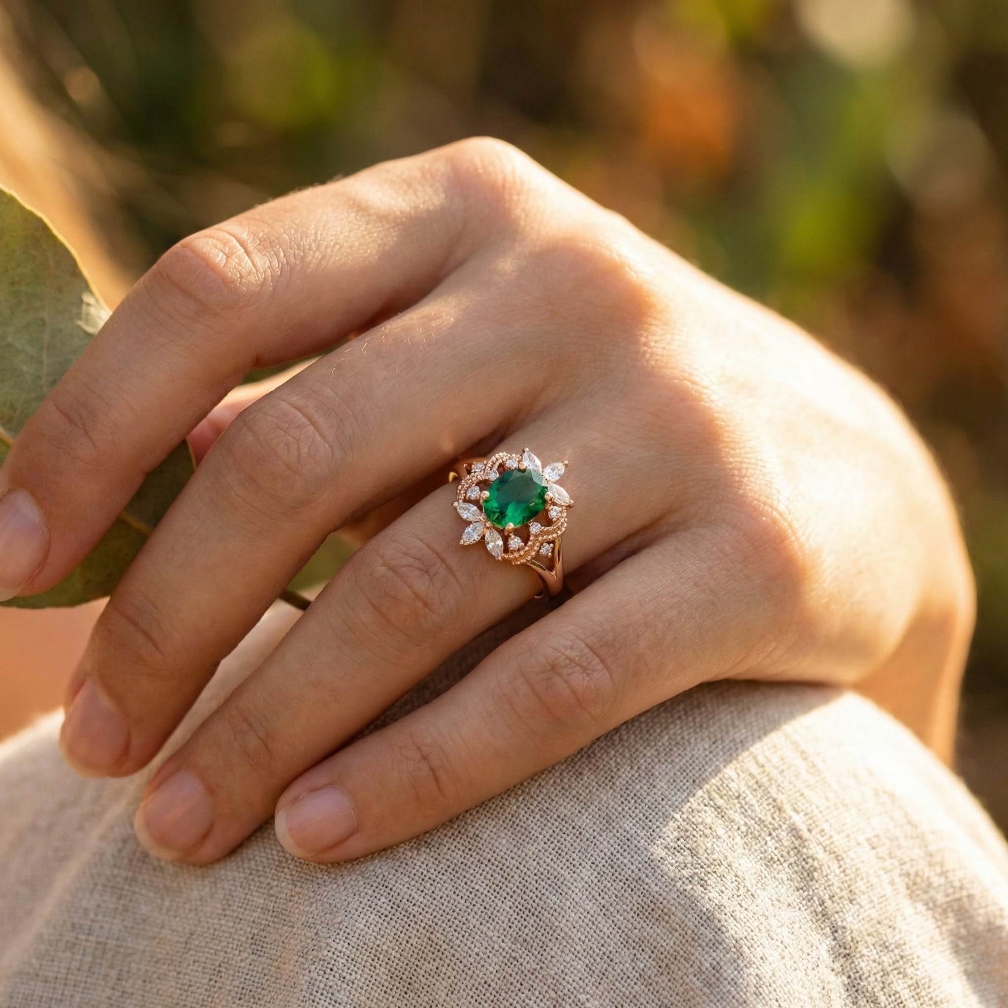 Detailed view of Oval Moissanite Engagement Ring in Gold