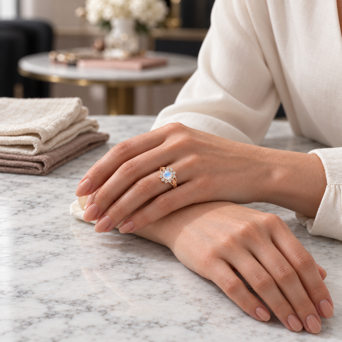 Nature inspired moonstone ring with sparkling moissanite halo and leaf details